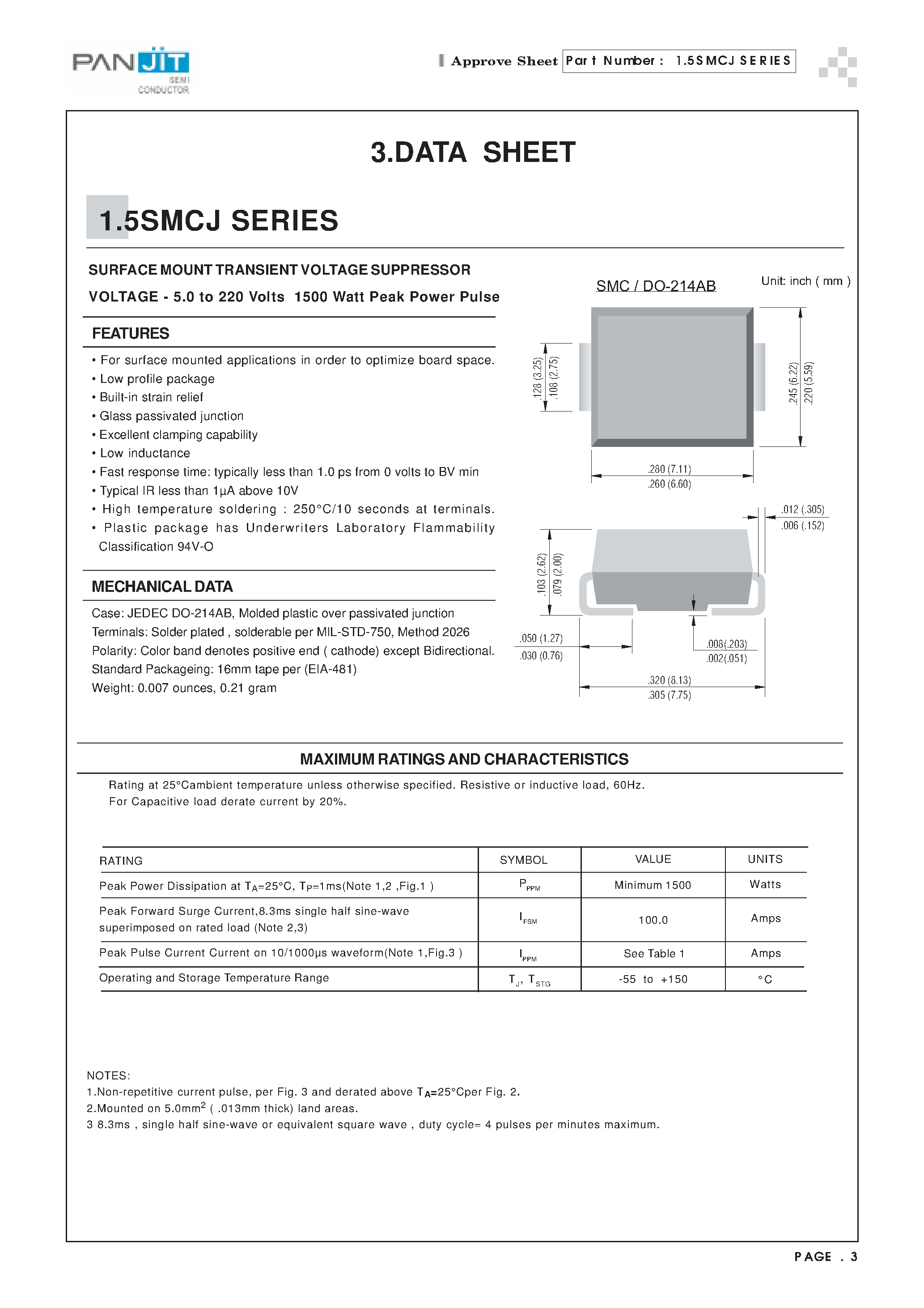 Datasheet 1.5SMCJ9.0C - SURFACE MOUNT TRANSIENT (VOLTAGE SUPPRESSOR VOLTAGE - 5.0 to 220 Volts 1500 Watt Peak Power Pulse) page 1