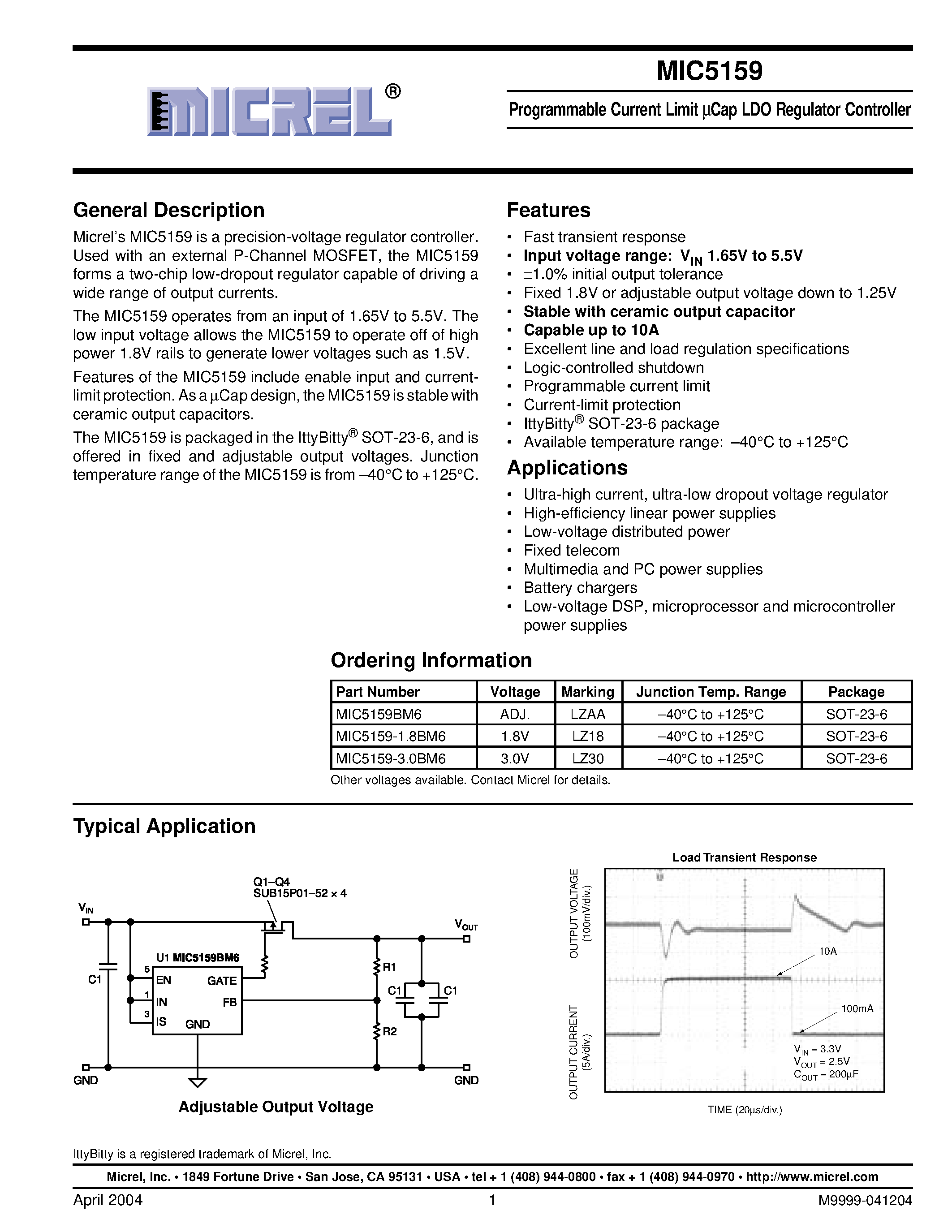 Даташит MIC5159-1.8BM6 - PROGRAMMABLE CURRENT LIMIT UCAP LDO REGULATOR CONTROLLER страница 1