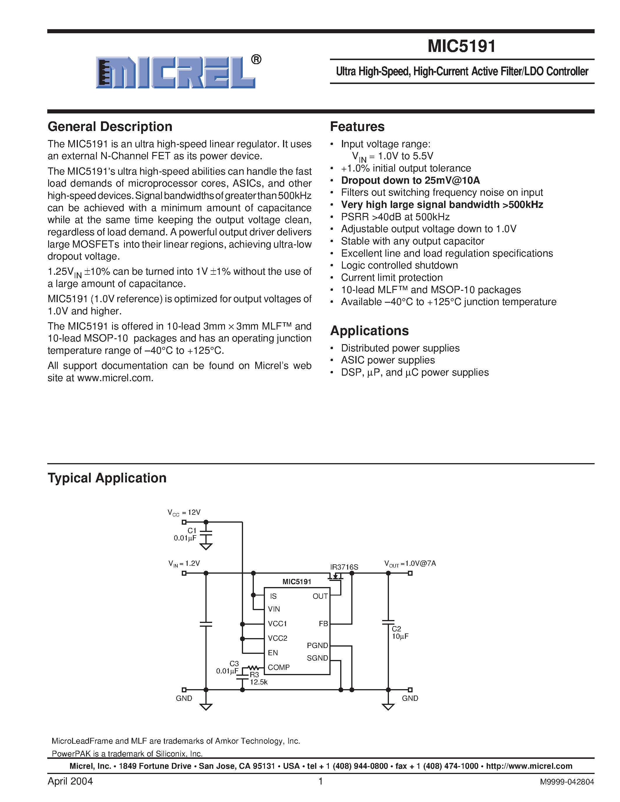 Даташит MIC5191BMM - Ultra High-Speed/ High-Current Active Filter/LDO Controller страница 1