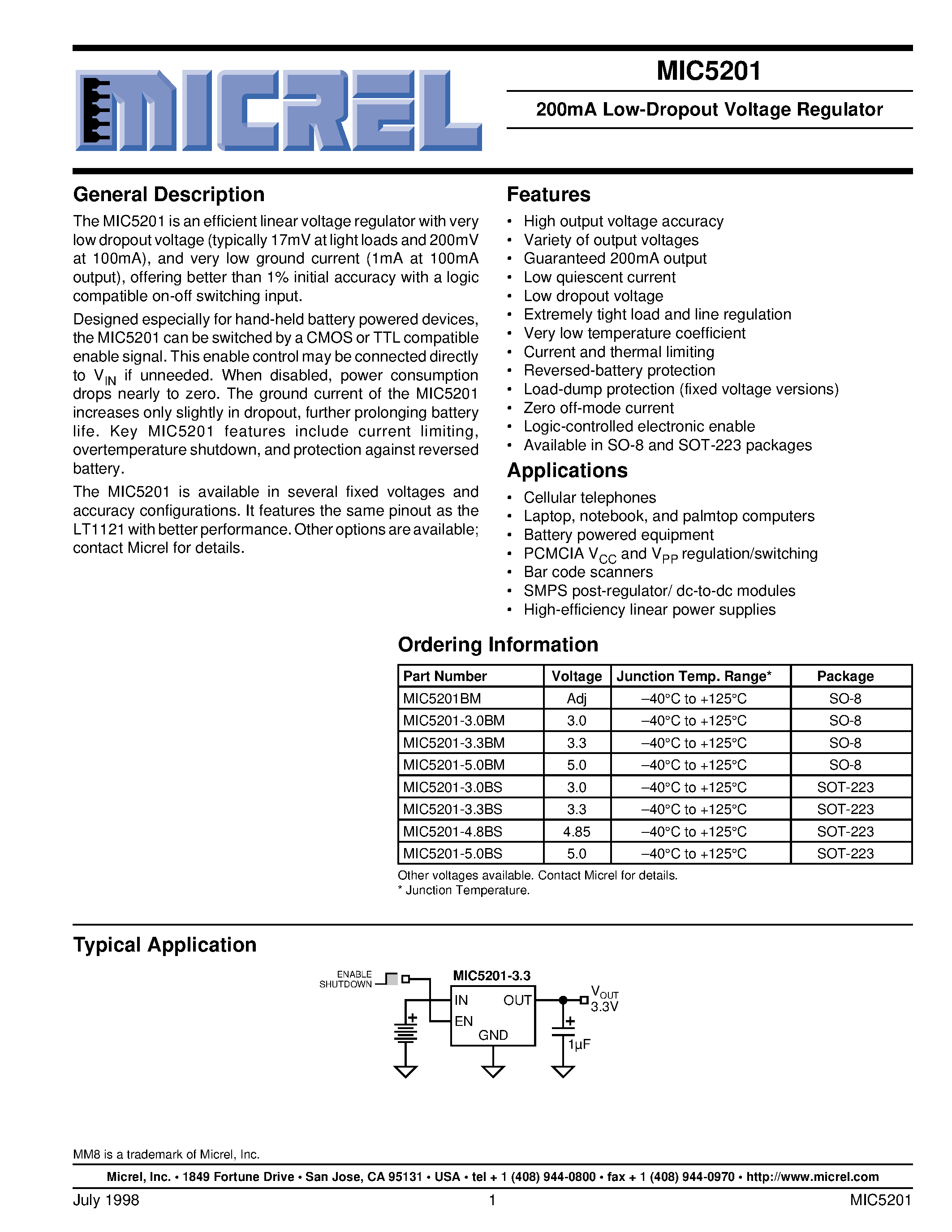 Datasheet MIC5201-3.3BS - 200mA Low-Dropout Voltage Regulator page 1