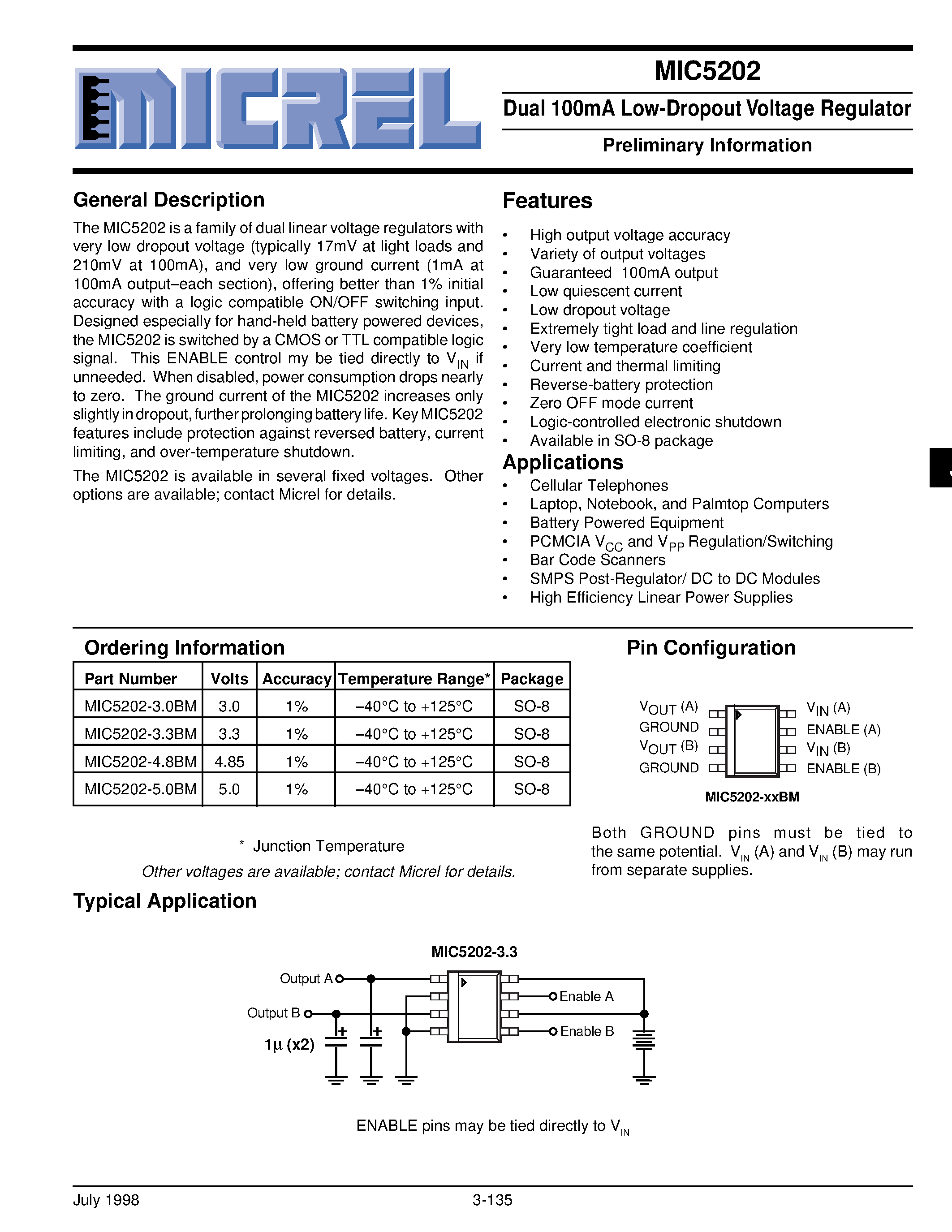 Datasheet MIC5202-3.0BM - Dual 100mA Low-Dropout Voltage Regulator Preliminary Information page 1