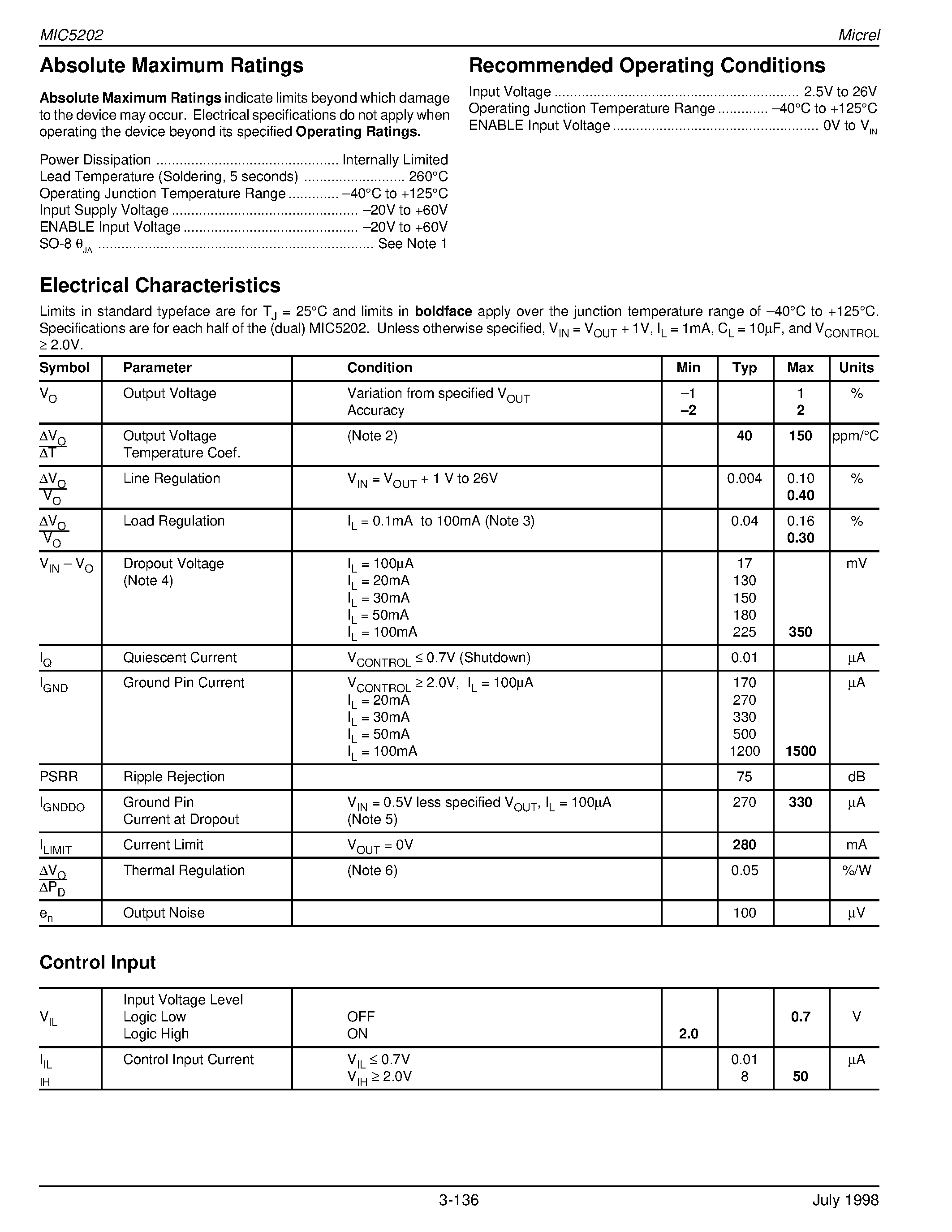 Datasheet MIC5202-3.3BM - Dual 100mA Low-Dropout Voltage Regulator Preliminary Information page 2