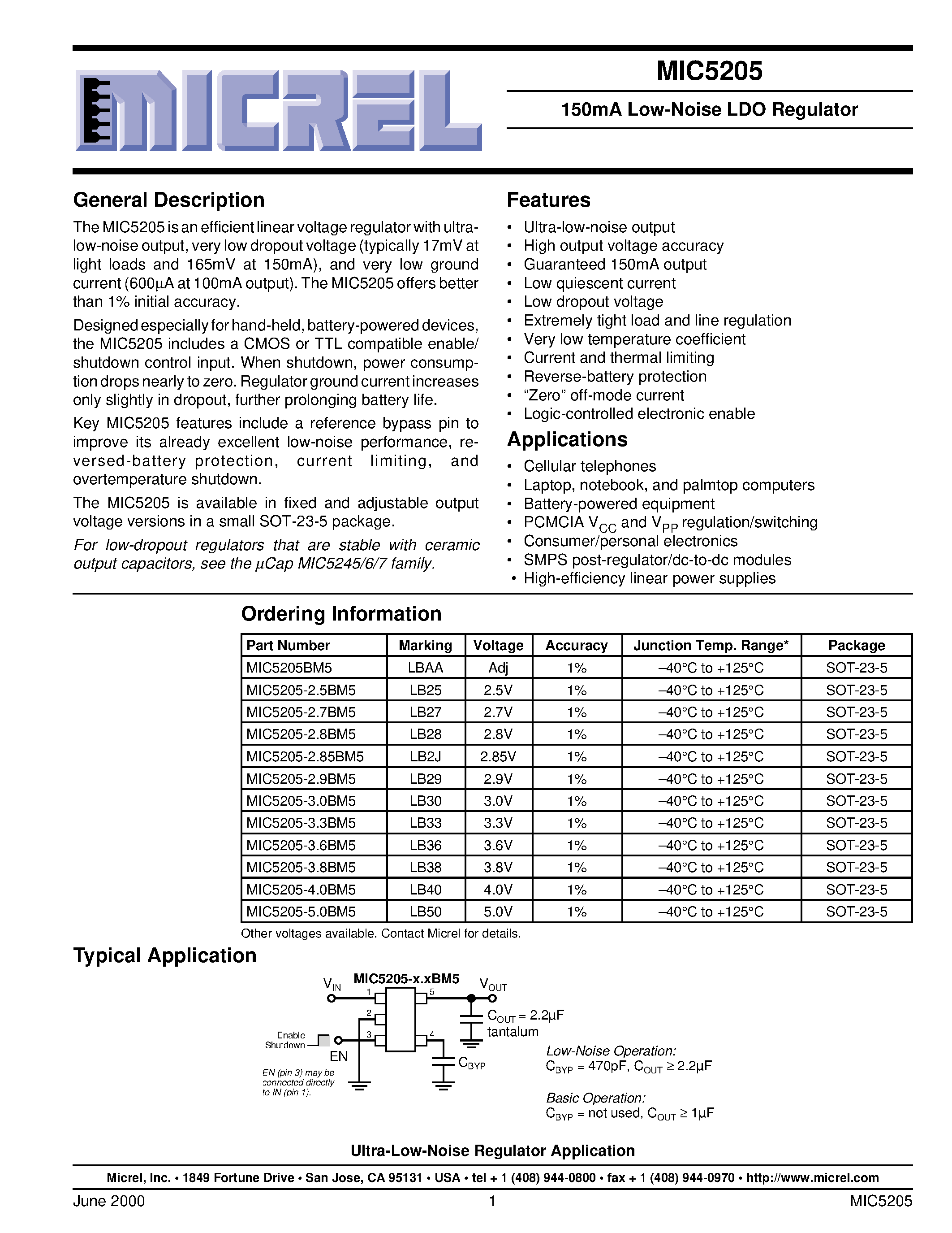 Даташит MIC5205-4.0BM5 - 150mA Low-Noise LDO Regulator страница 1