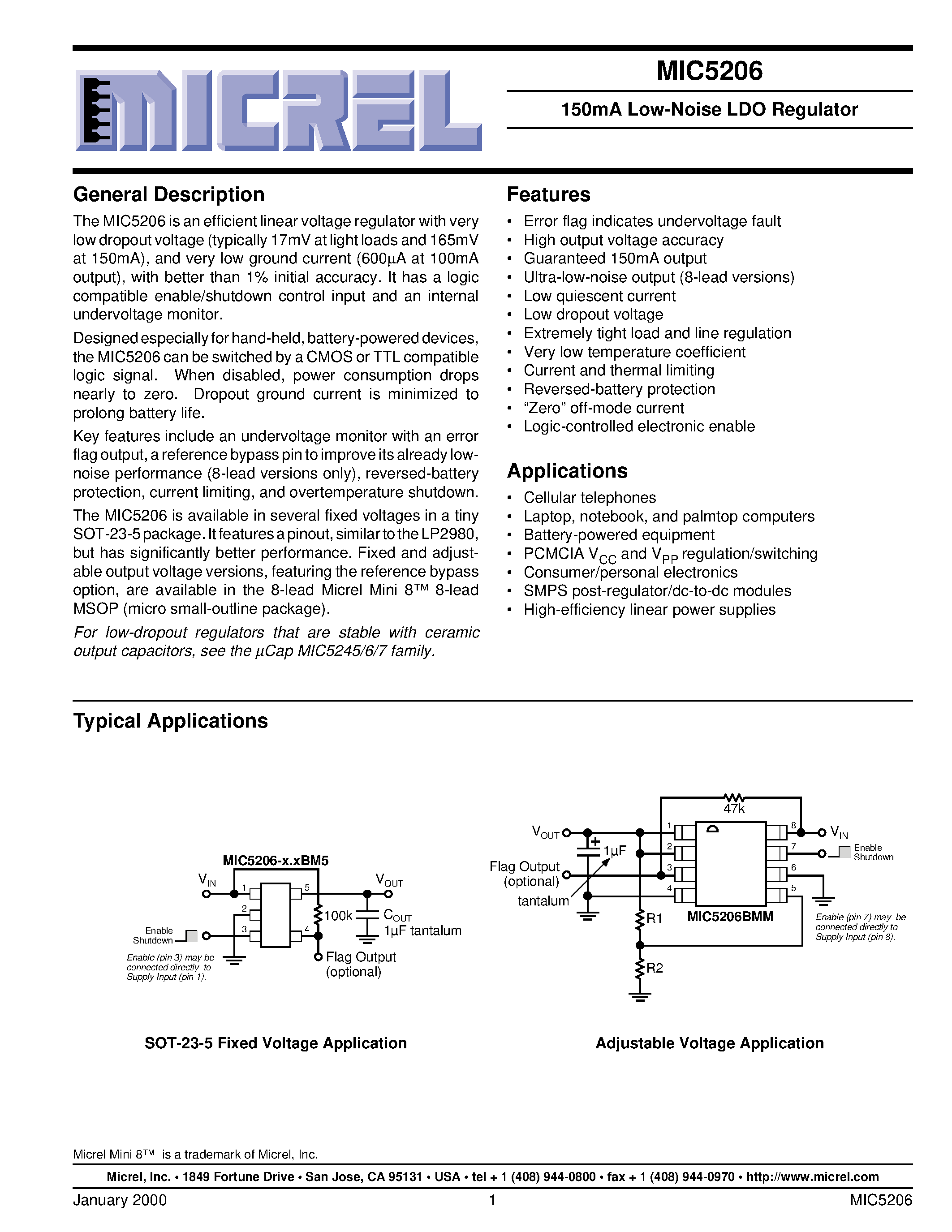 Даташит MIC5206-4.0BM5 - 150mA Low-Noise LDO Regulator страница 1