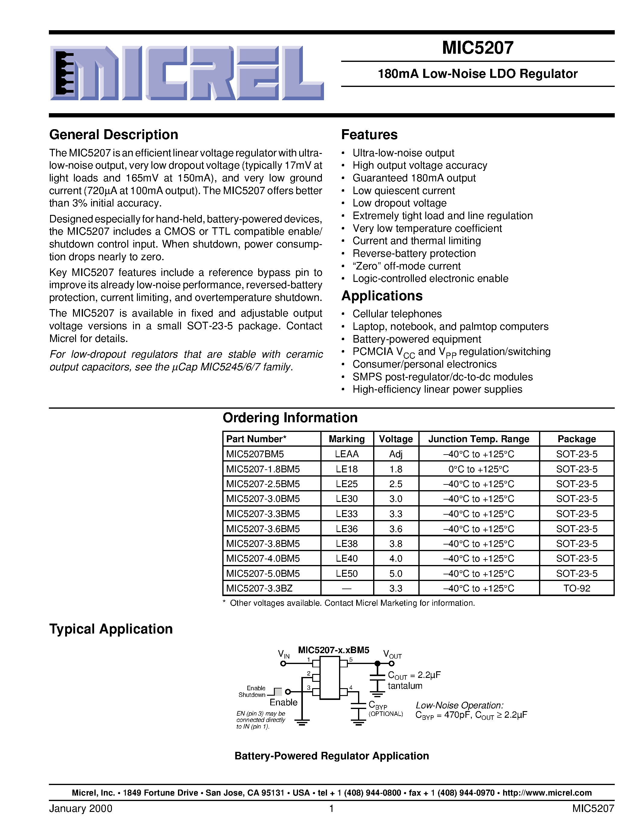 Даташит MIC5207-1.8BM5 - 180mA Low-Noise LDO Regulator страница 1