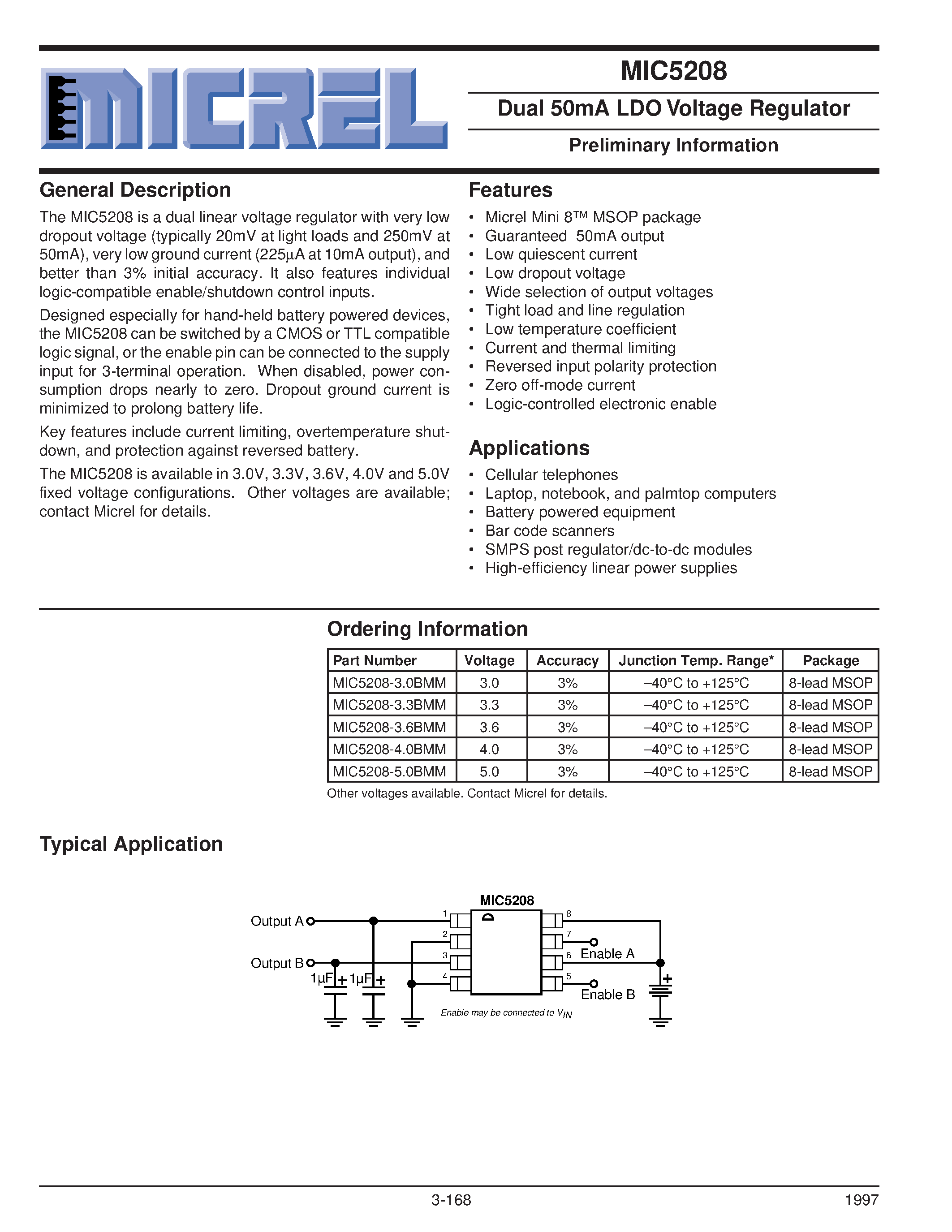 Datasheet MIC5208-3.6BMM - Dual 50mA LDO Voltage Regulator Preliminary Information page 1
