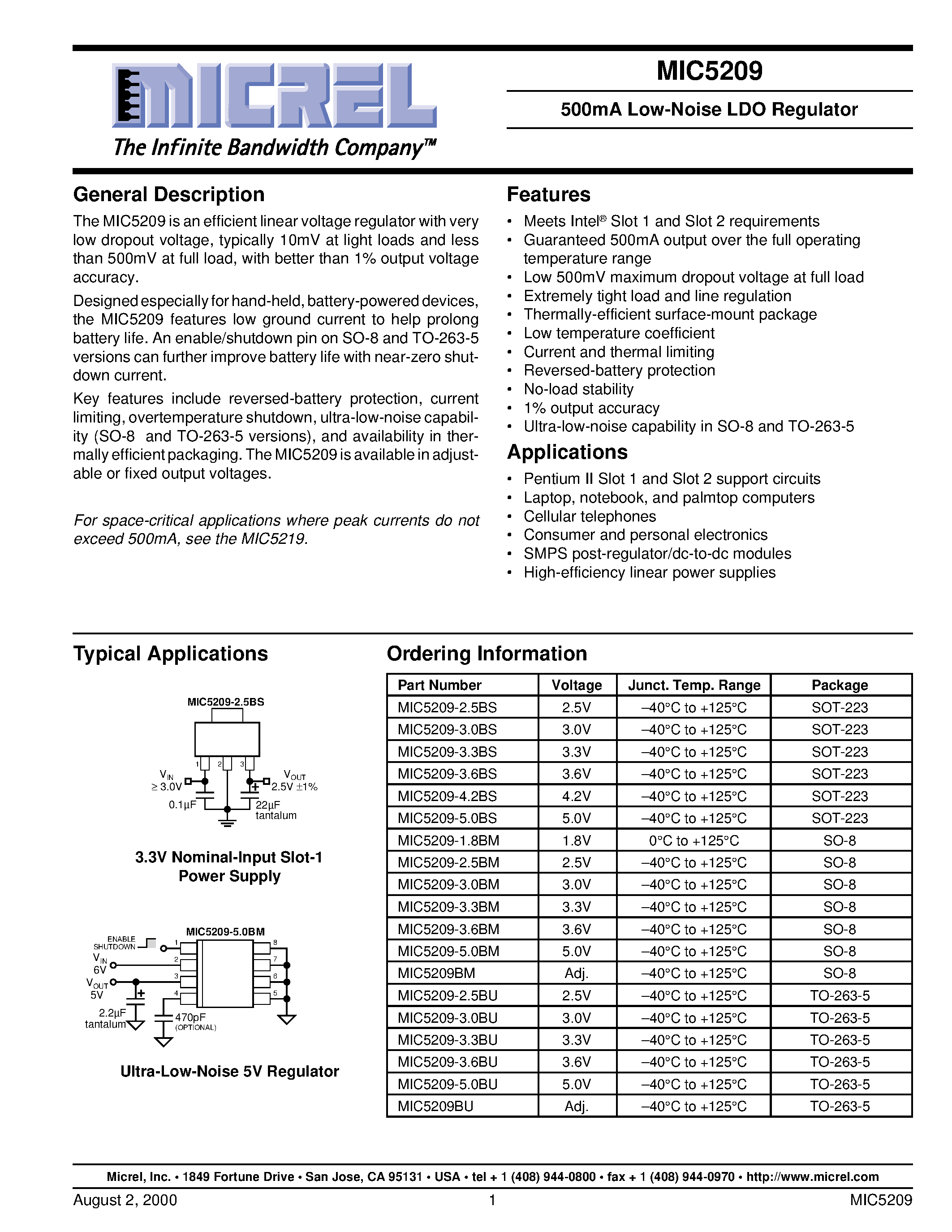 Datasheet MIC5209-3.0BS - 500mA Low-Noise LDO Regulator page 1