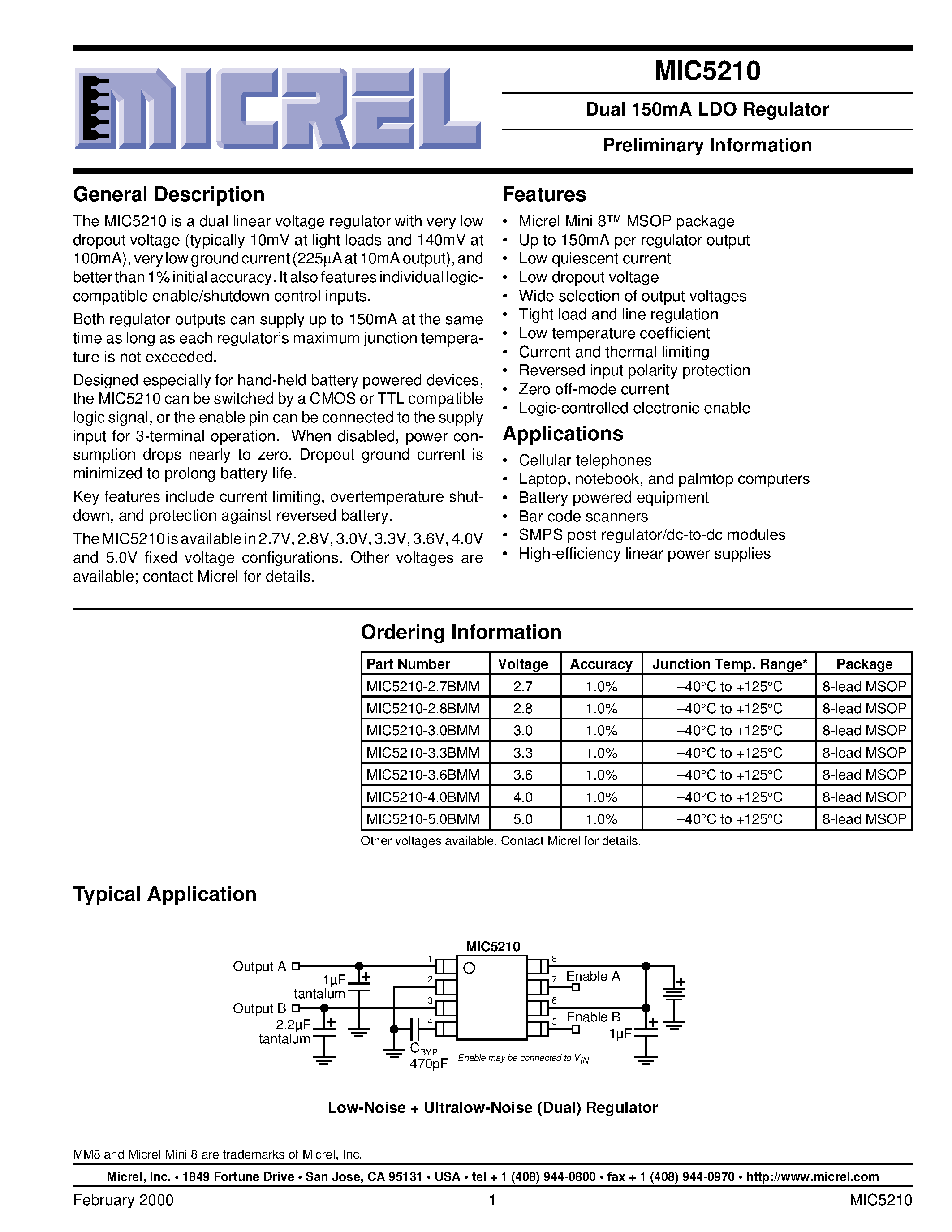 Datasheet MIC5210-2.8BMM - Dual 150mA LDO Regulator Preliminary Information page 1
