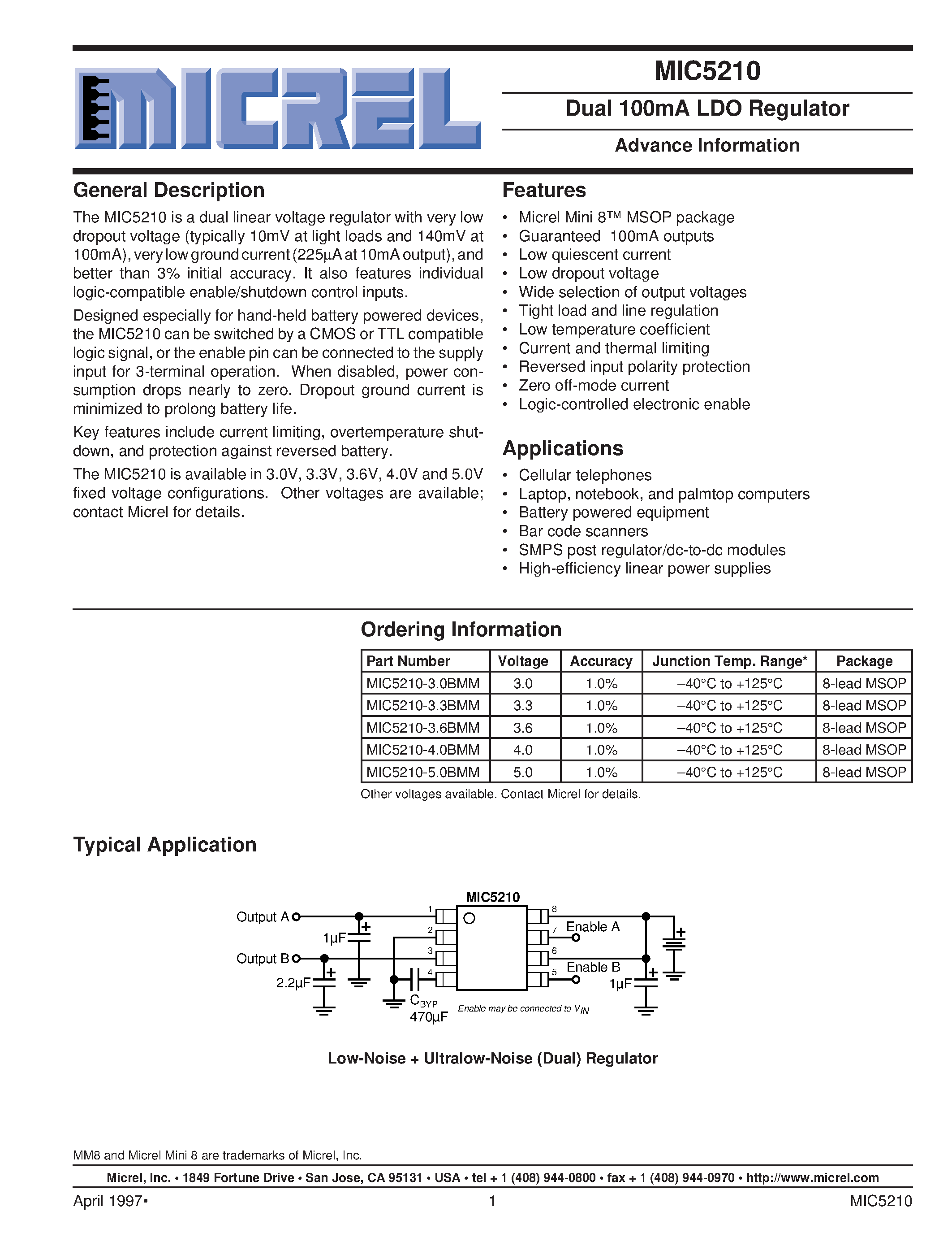 Datasheet MIC5210-3.0BMM - Dual 150mA LDO Regulator Preliminary Information page 1