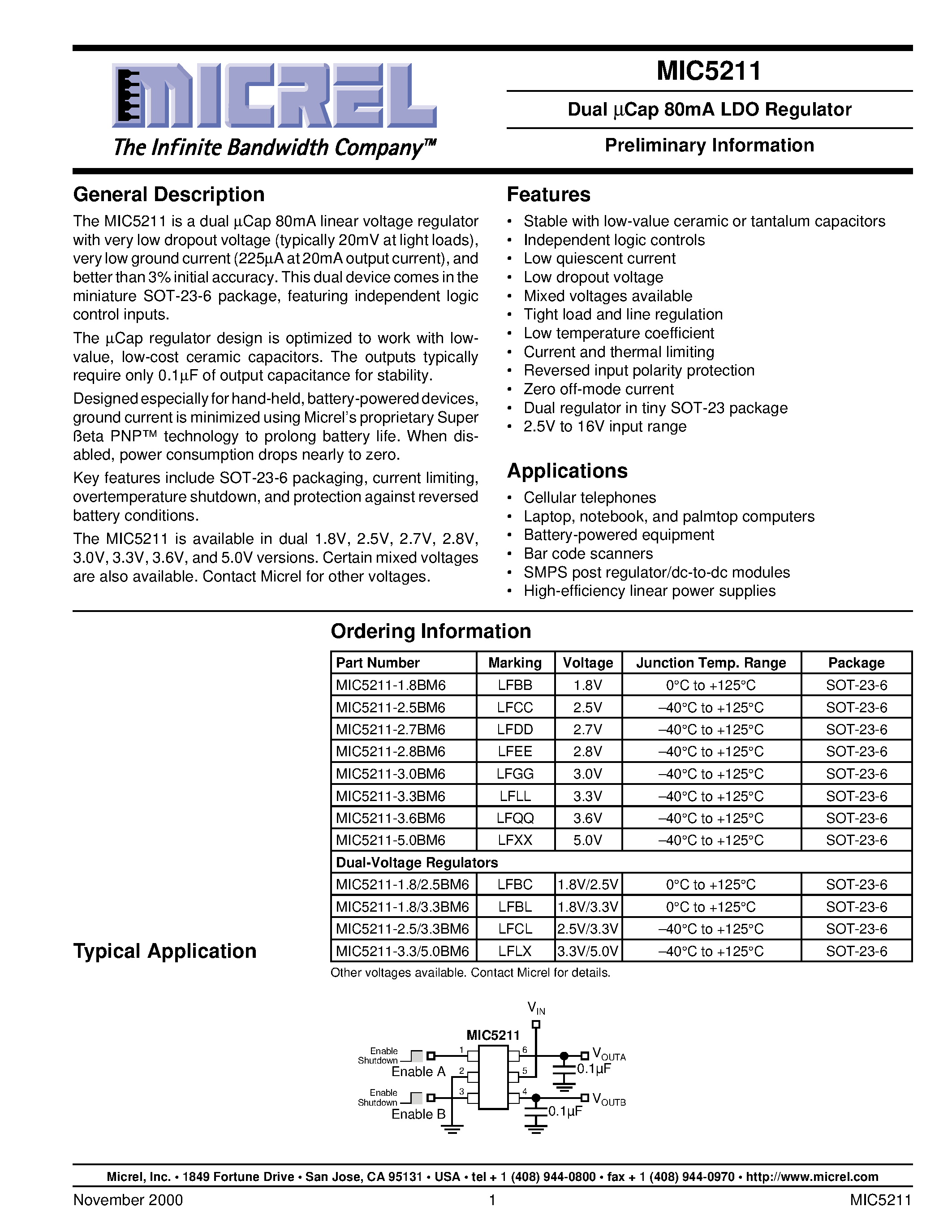 Даташит MIC5211-1.8BM6 - Dual Cap 80mA LDO Regulator Preliminary Information страница 1