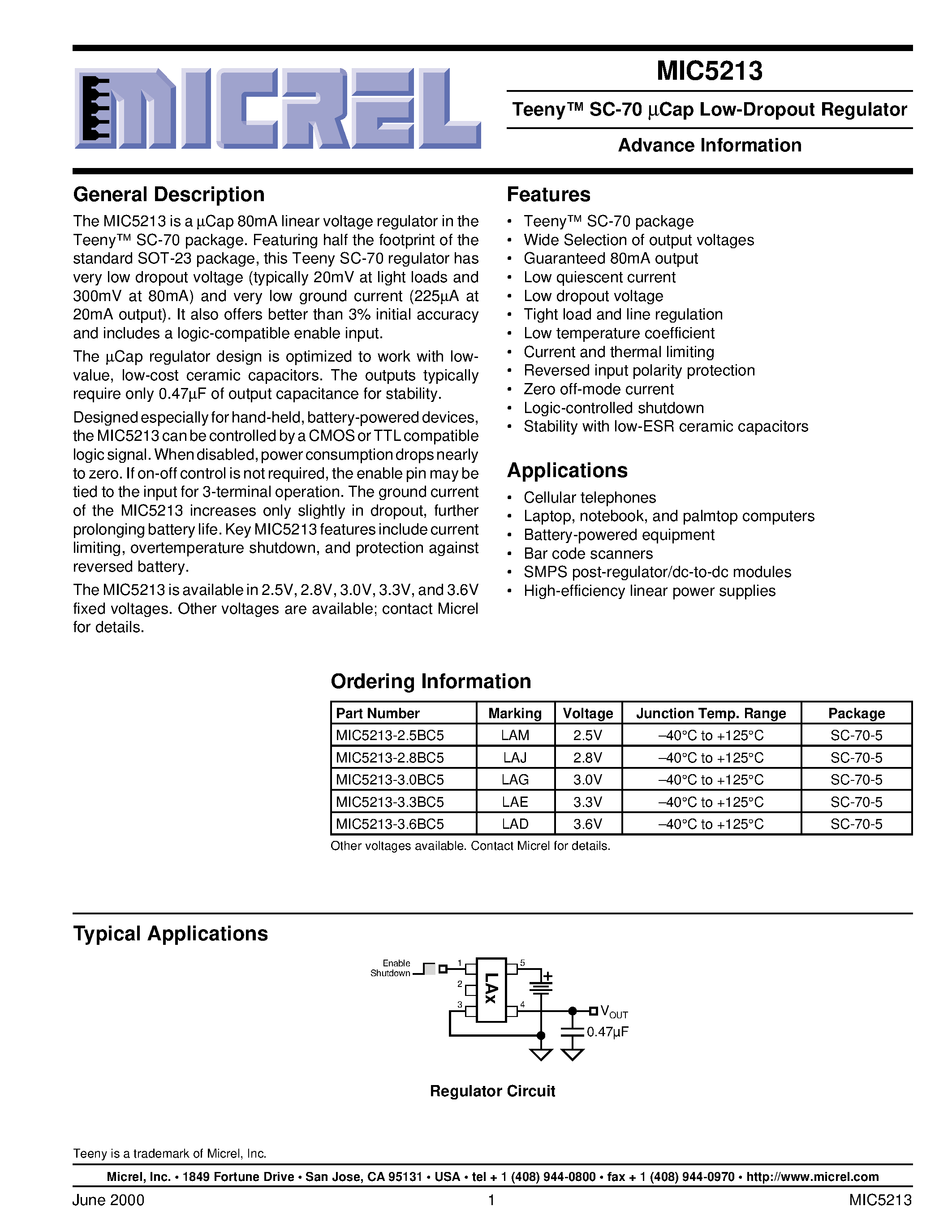 Datasheet MIC5213-3.0BC5 - Teeny SC-70 Cap Low-Dropout Regulator Advance Information page 1