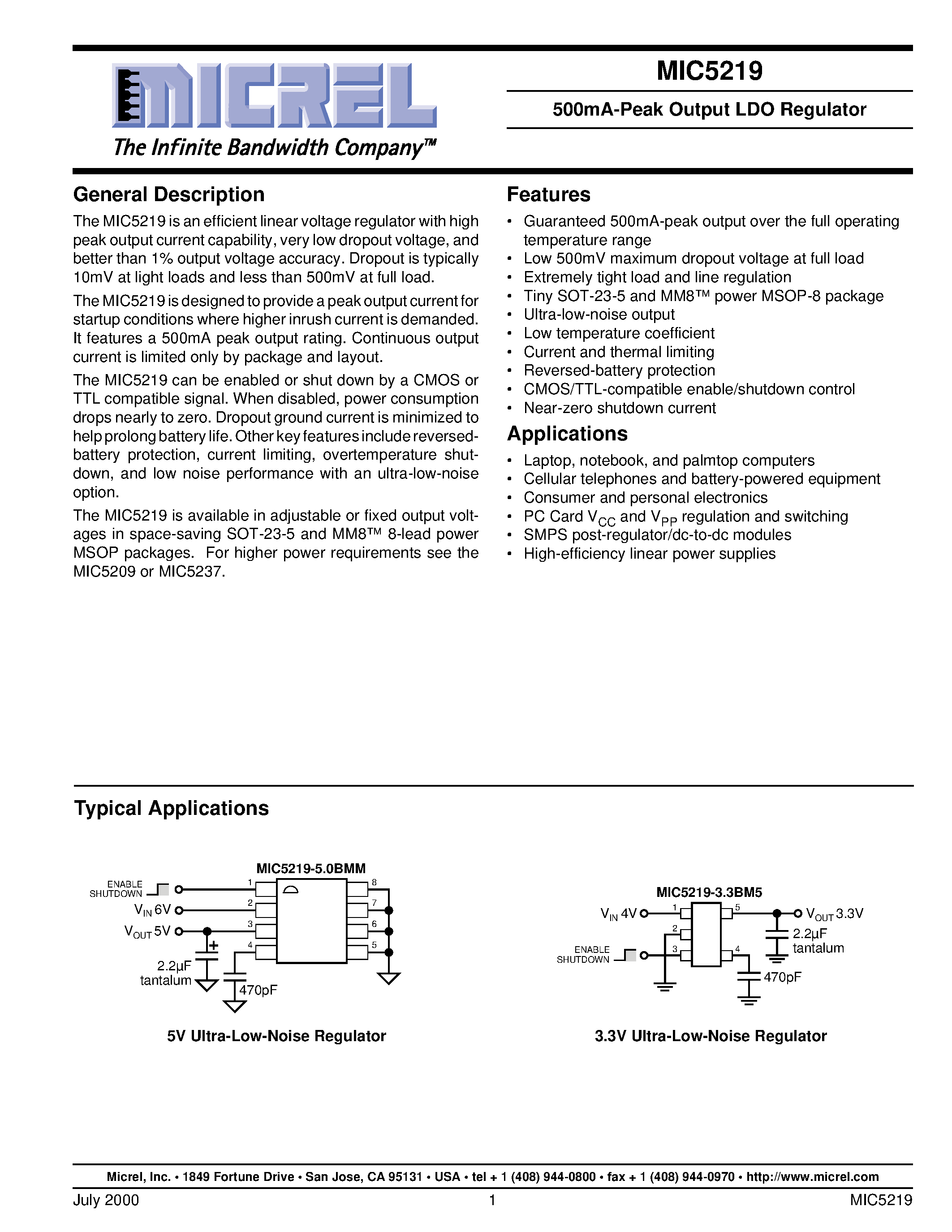 Datasheet MIC5219-3.3BMM - 500mA-Peak Output LDO Regulator page 1