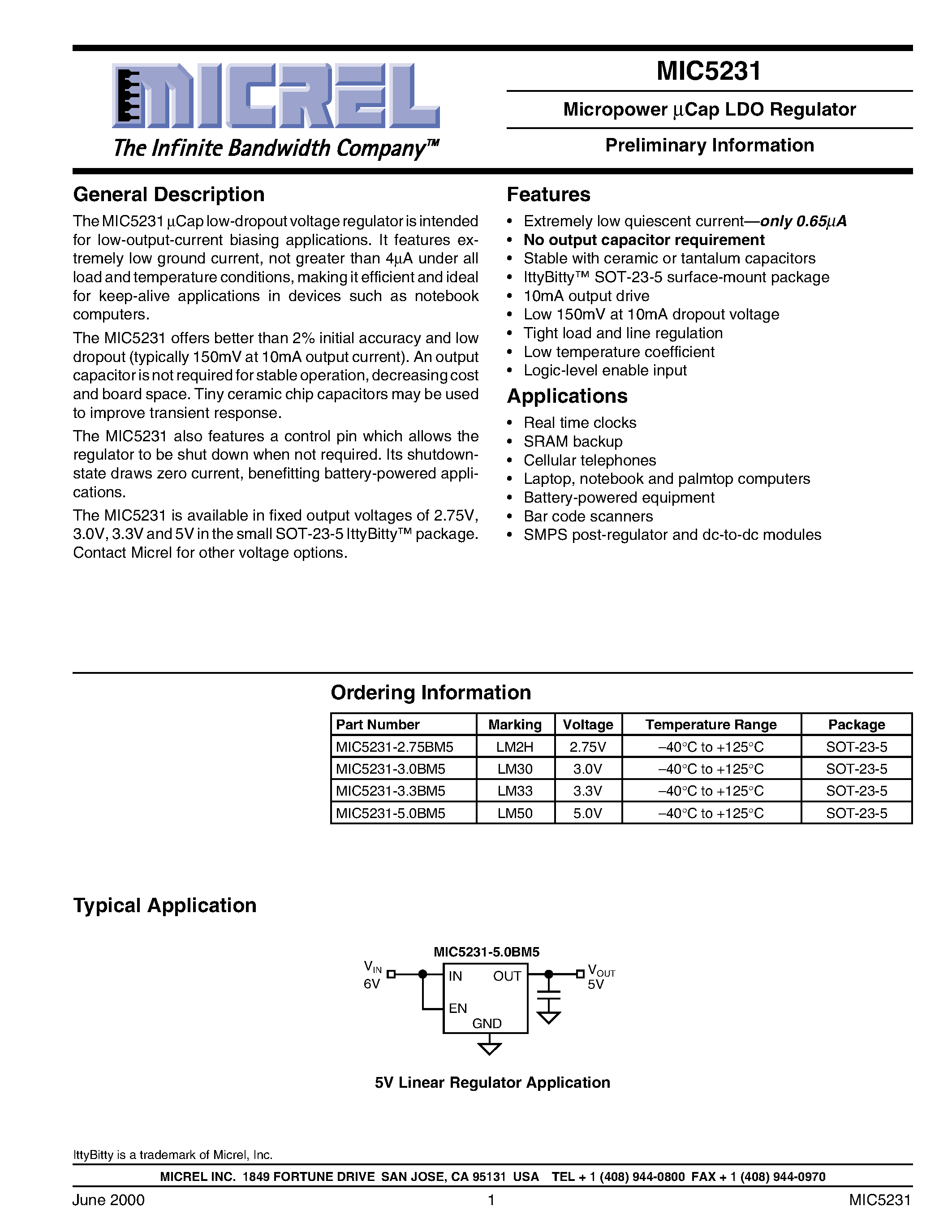 Datasheet MIC5231-3.0BM5 - Micropower Cap LDO Regulator Preliminary Information page 1