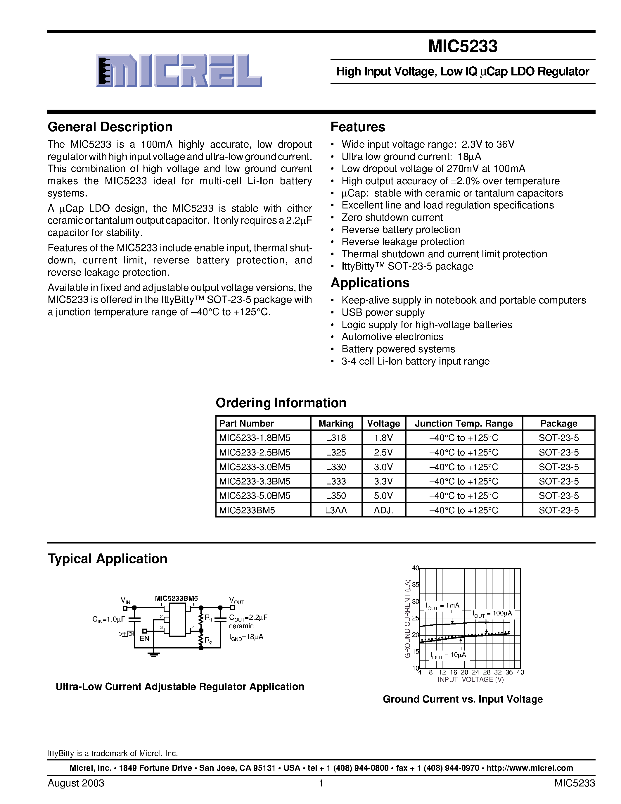 Datasheet MIC5233-3.3BM5 - High Input Voltage/ Low IQ Cap LDO Regulator page 1