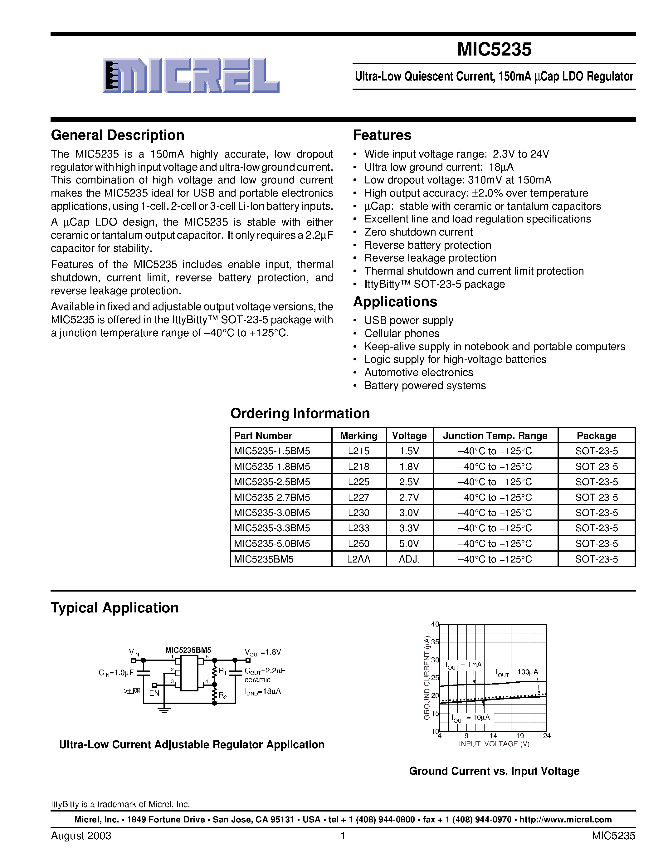 Datasheet MIC5235-2.7BM5 page 1 Datasheet MIC5235-2.7BM5 - Ultra-Low Quiescent Current/ 150mA UCap LDO Regulator page 1