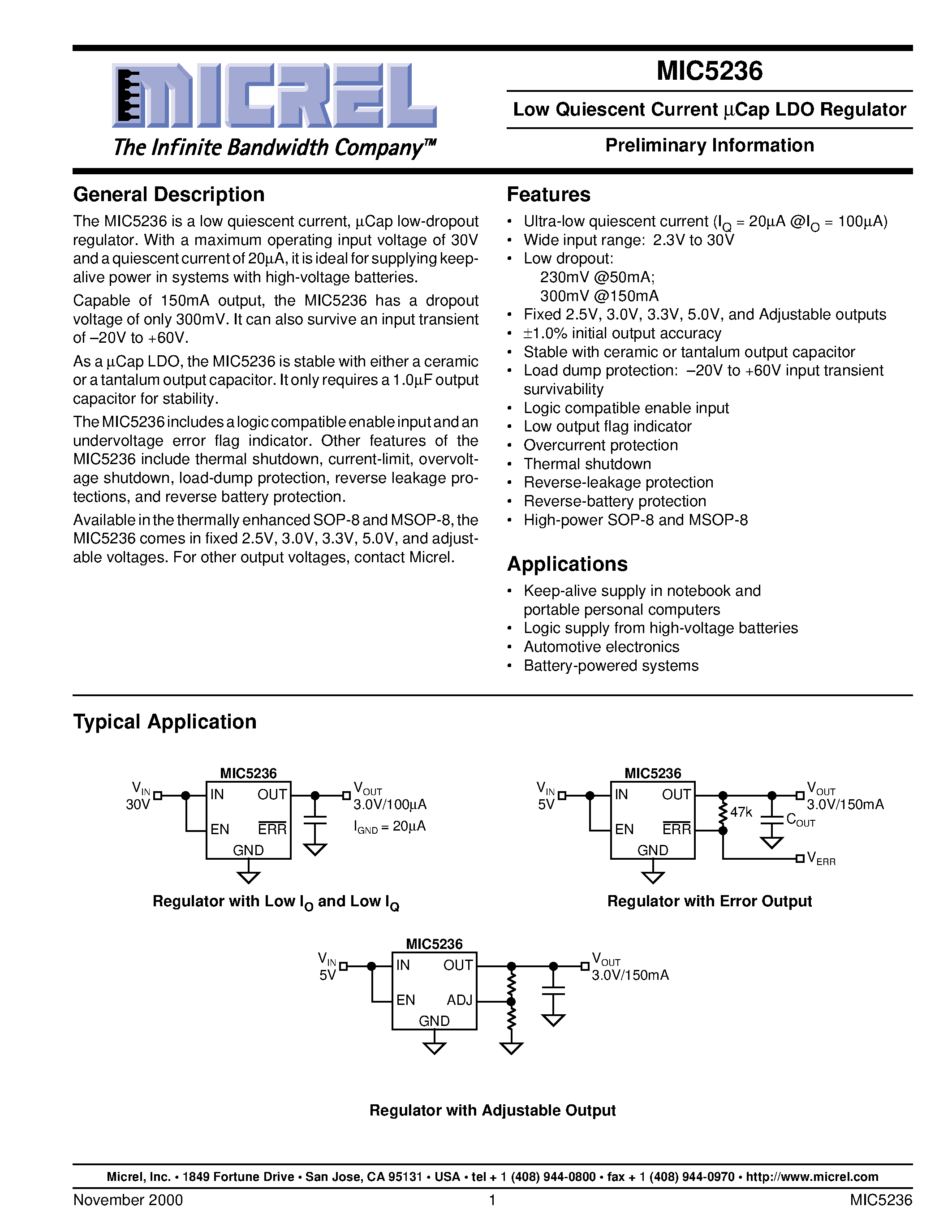 Datasheet MIC5236-3.3BMM - Low Quiescent Current Cap LDO Regulator Preliminary Information page 1