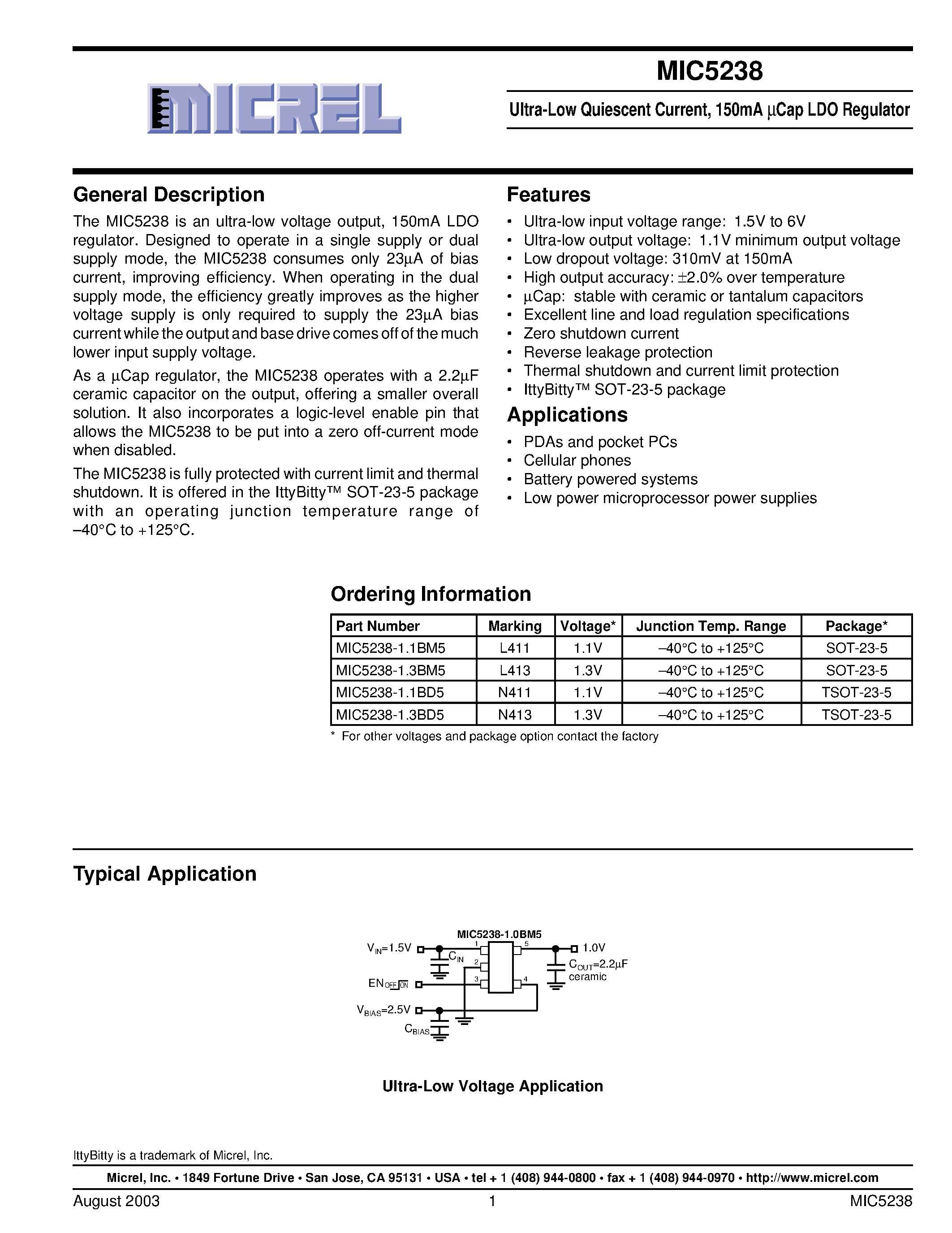 Даташит MIC5238-1.3BD5 - Ultra-Low Quiescent Current/ 150mA Cap LDO Regulator страница 1