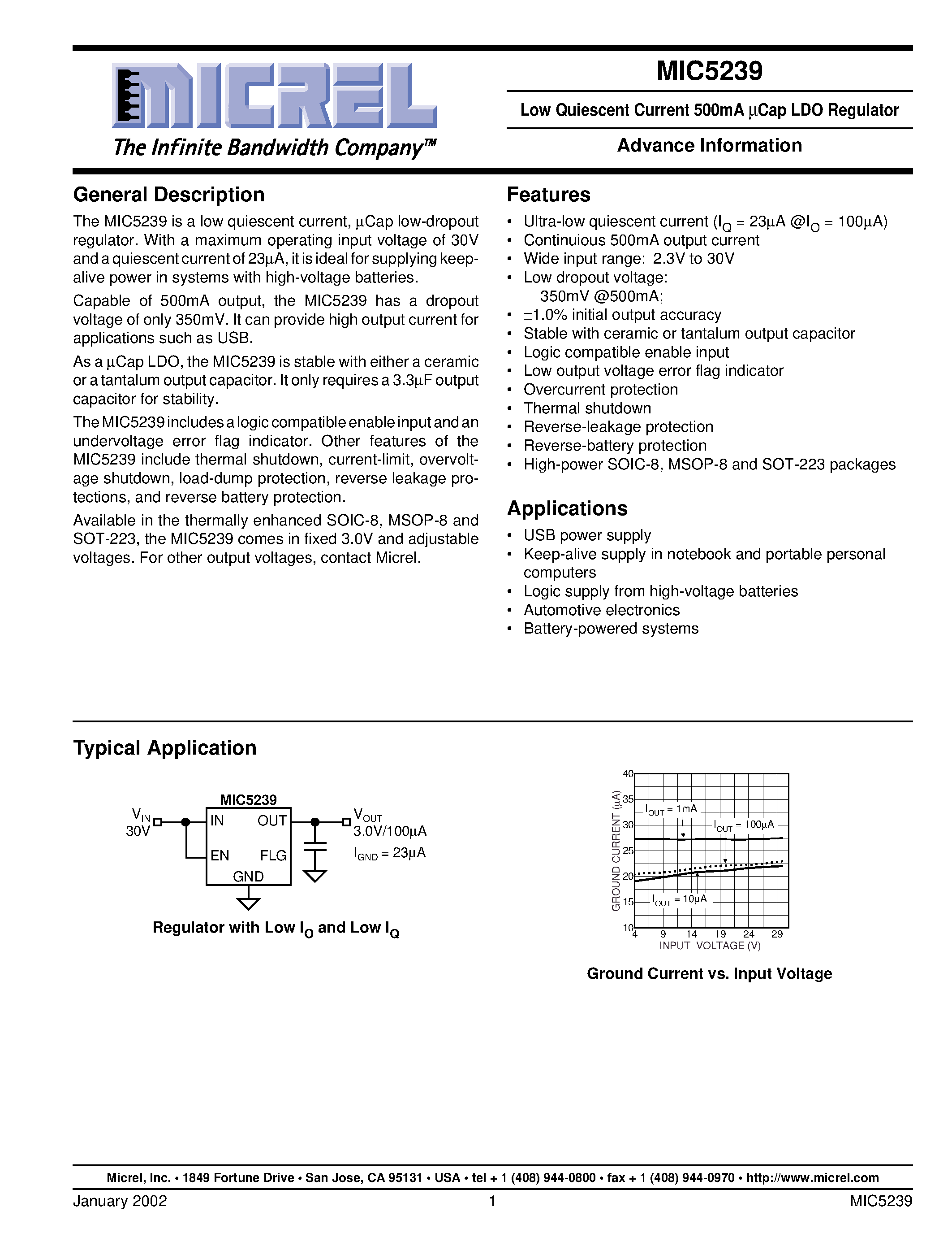 Datasheet MIC5239-3.0BM - Low Quiescent Current 500mA UCap LDO Regulator page 1