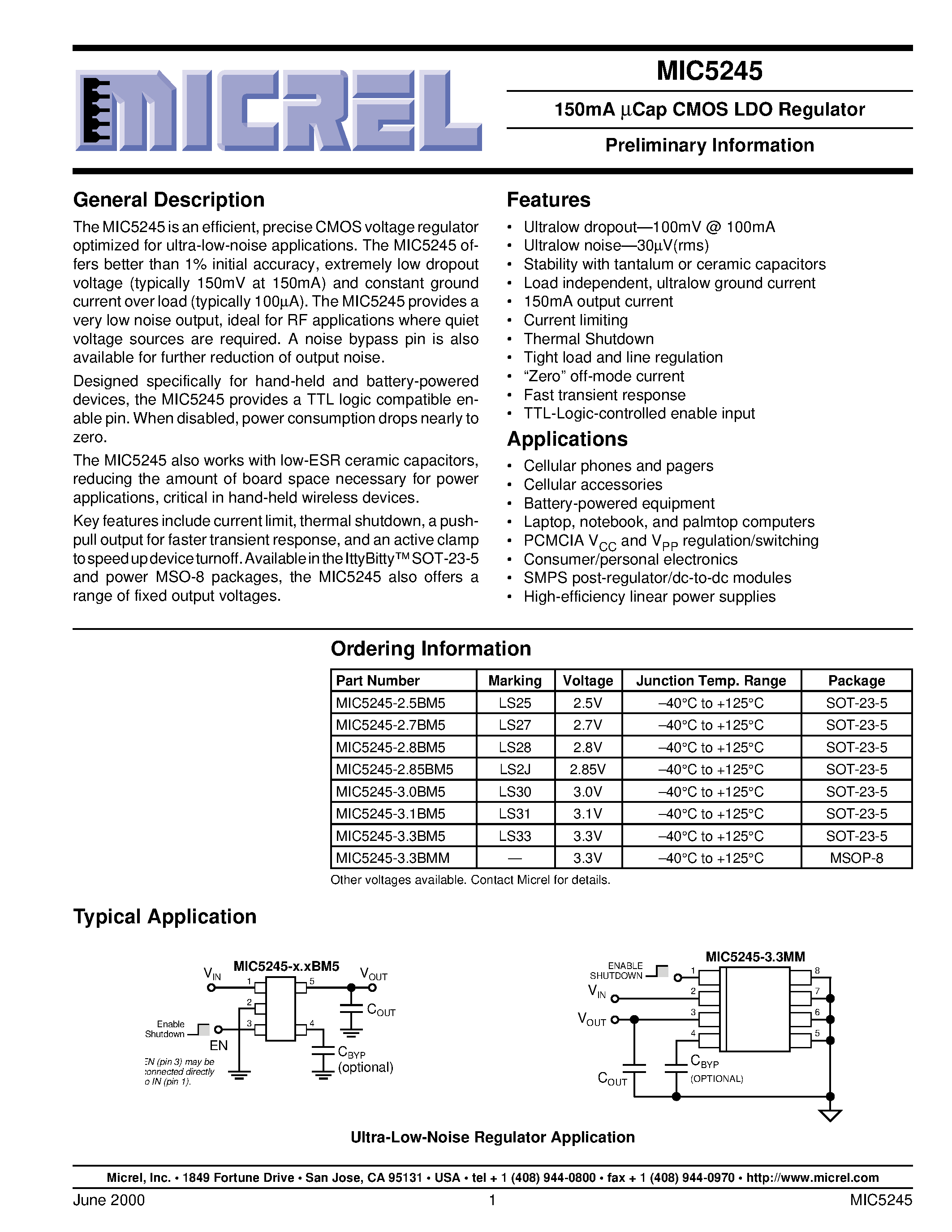 Datasheet MIC5245-2.7BM5 - 150mA Cap CMOS LDO Regulator Preliminary Information page 1