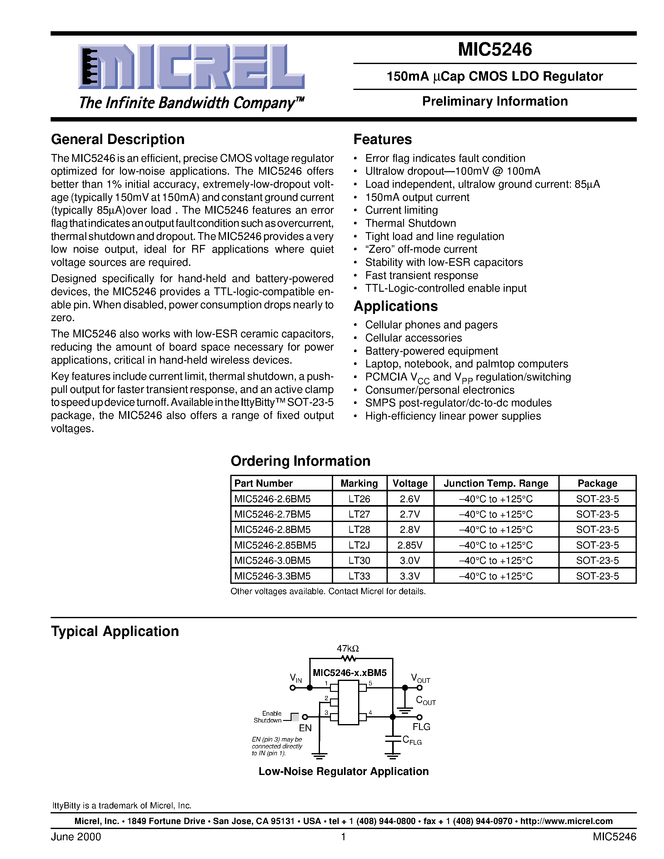 Datasheet MIC5246-2.6BM5 - 150mA Cap CMOS LDO Regulator Preliminary Information page 1