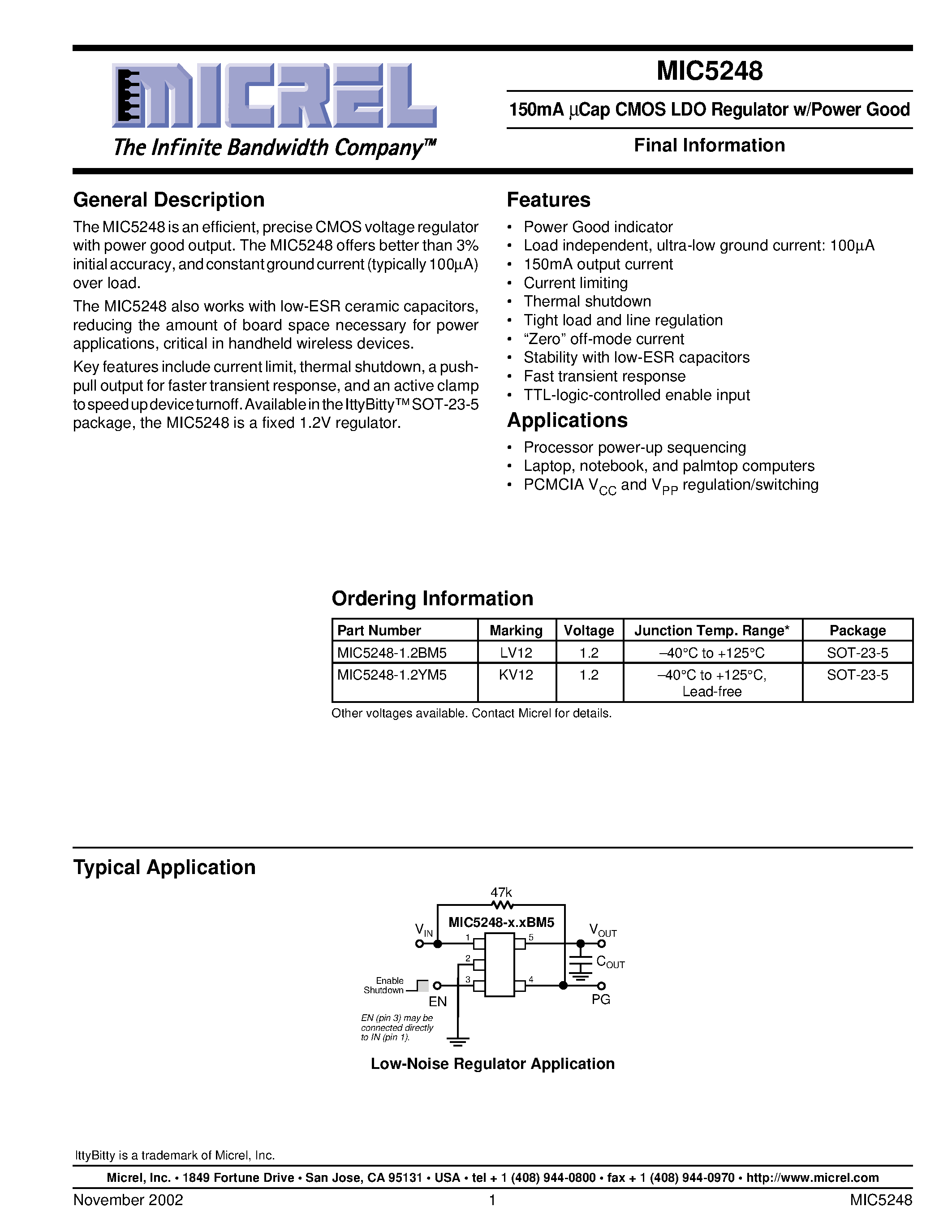Datasheet MIC5248-1.2YM5 - 150mA UCap CMOS LDO Regulator w/Power Good page 1