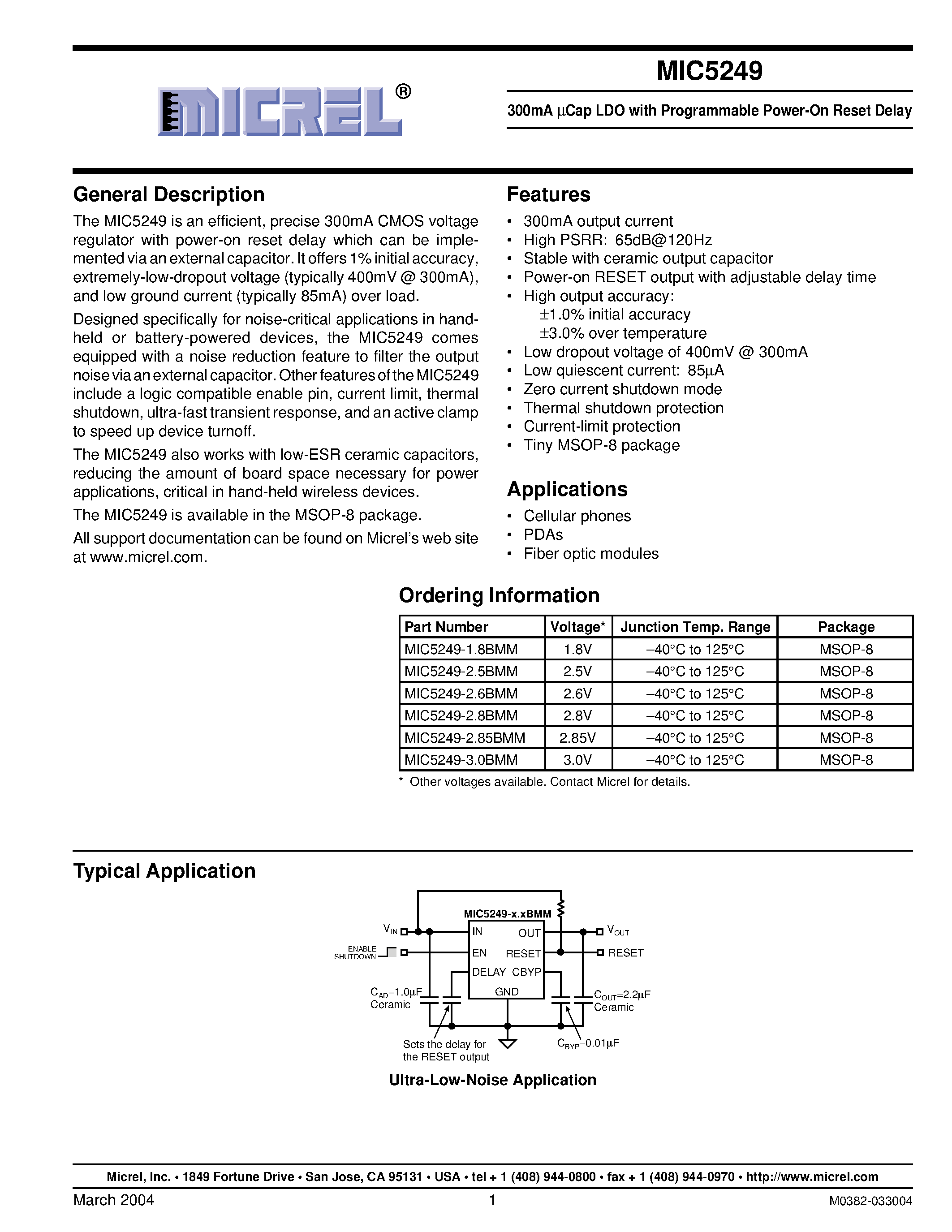 Даташит MIC5249-1.8BMM - 300MA UCAP LDO WITH PROGRAMMABLE POWER ON RESET DELAY страница 1