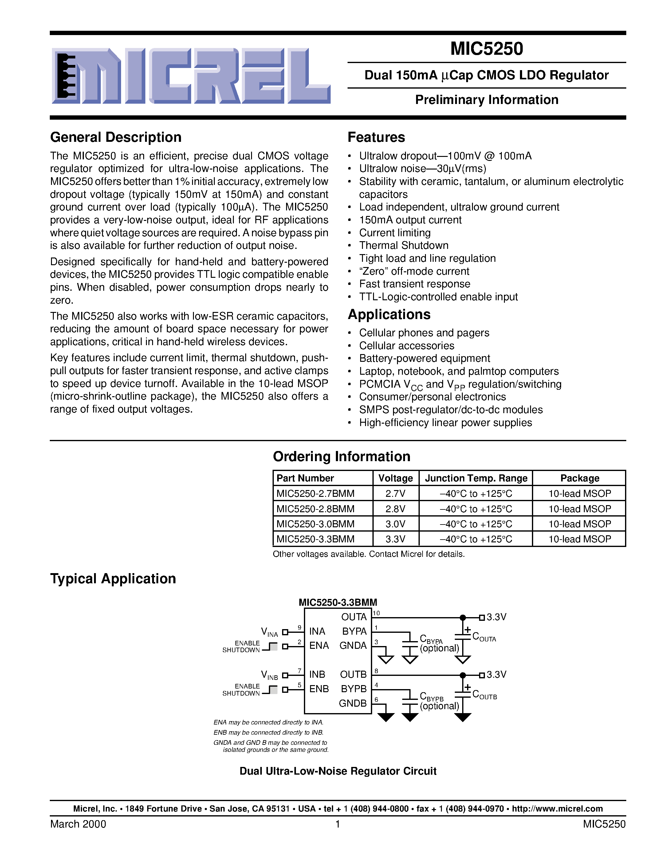Datasheet MIC5250-3.0BMM - Dual 150mA Cap CMOS LDO Regulator Preliminary Information page 1