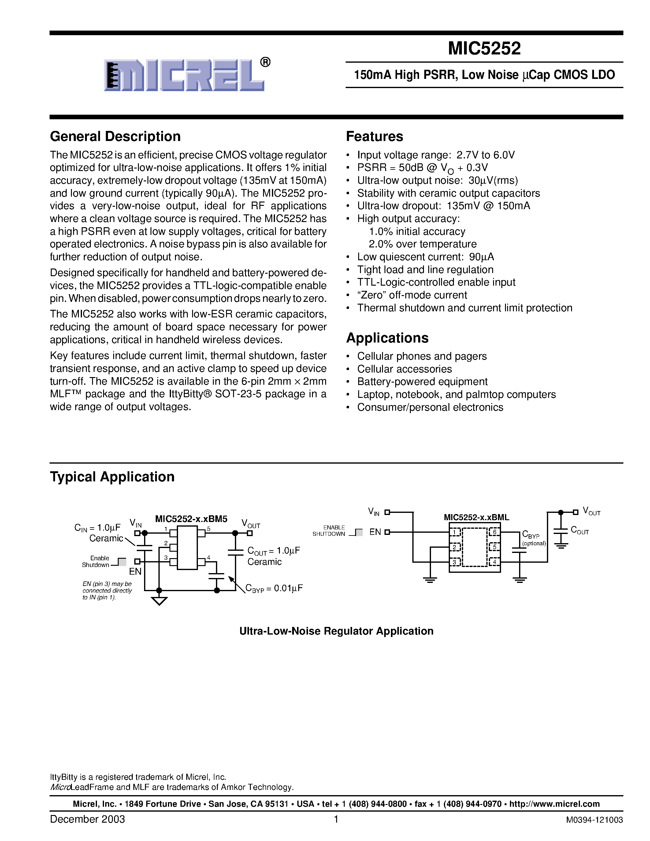 Datasheet MIC5252-2.85BML - 150MA HIGH PSRR LOW NOISE UCAP CMOS LDO page 1