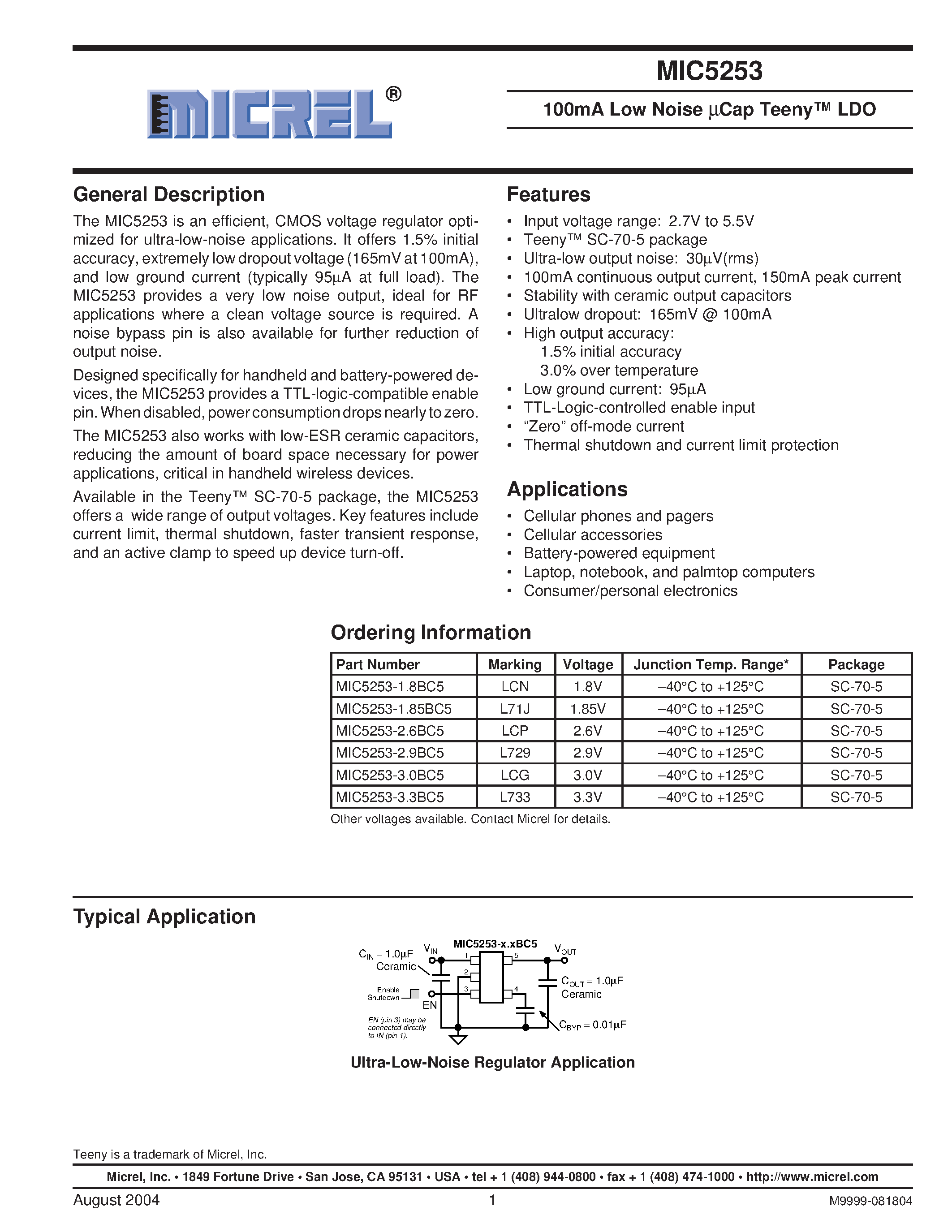 Datasheet MIC5253-2.6BC5 - 100mA Low Noise UCap Teeny LDO page 1
