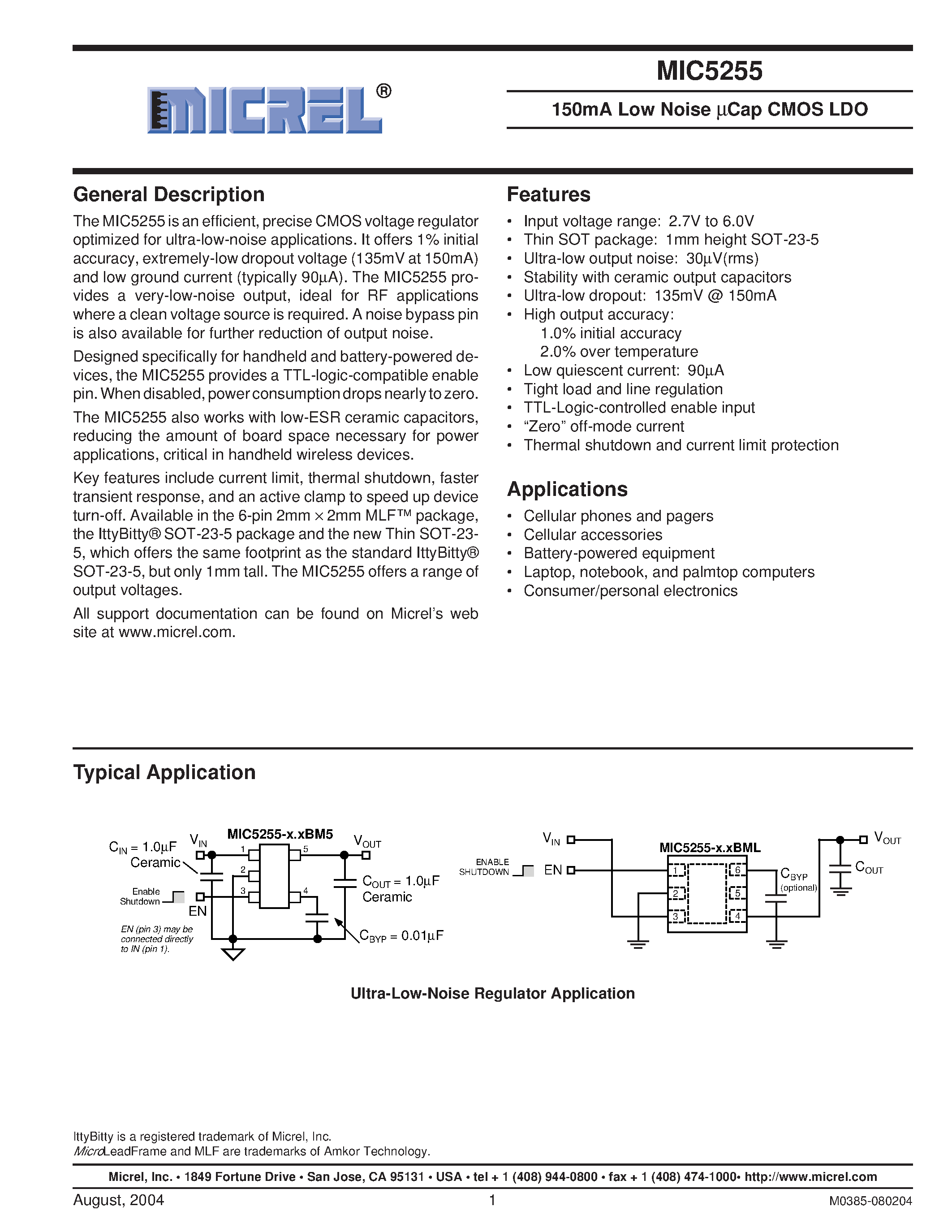 Datasheet MIC5255-3.3YM5 - 150mA Low Noise UCap CMOS LDO page 1