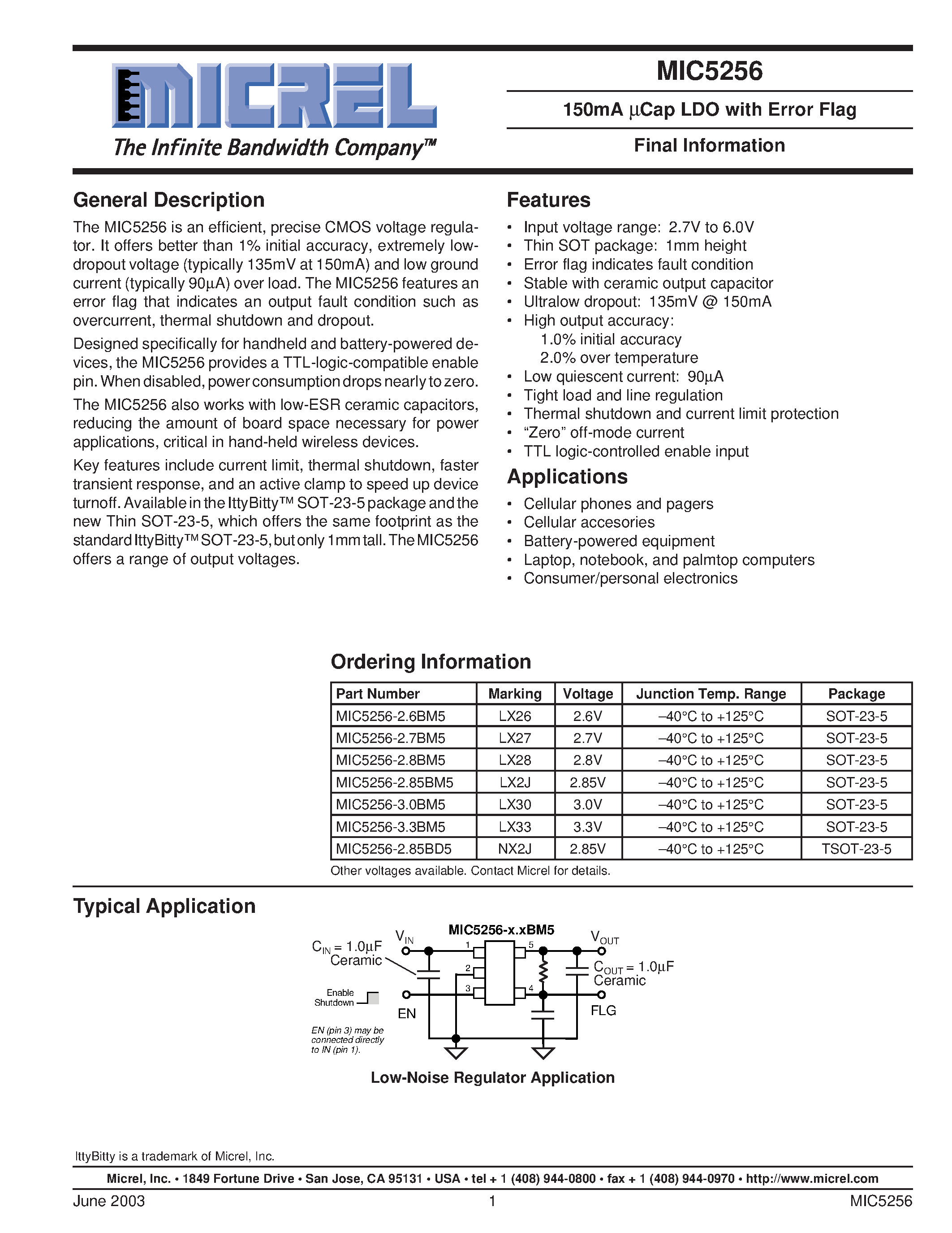 Datasheet MIC5256-2.7BM5 - 150mA UCap LDO with Error Flag page 1
