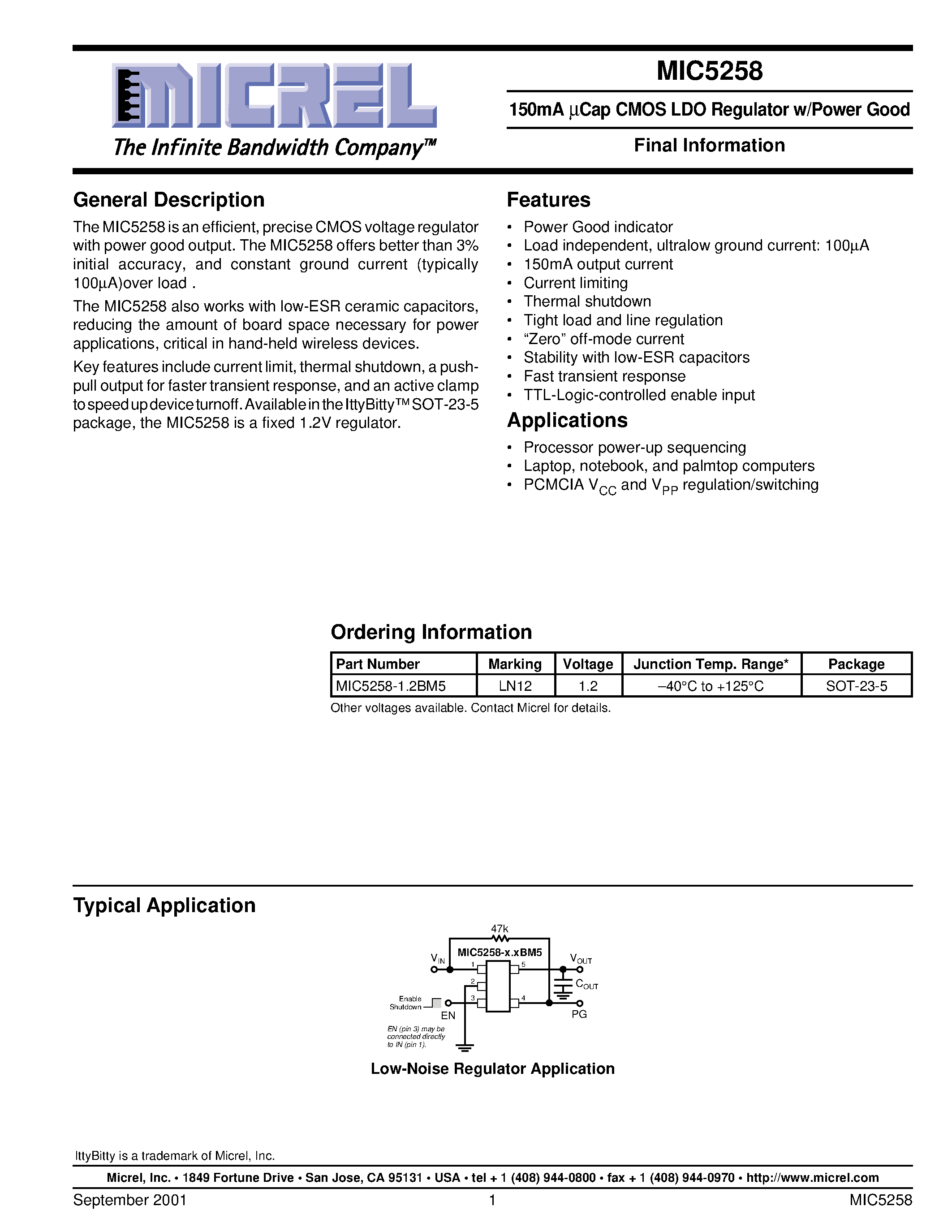 Datasheet MIC5258-1.2BM5 - 150mA UCap CMOS LDO Regulator w/Power Good page 1