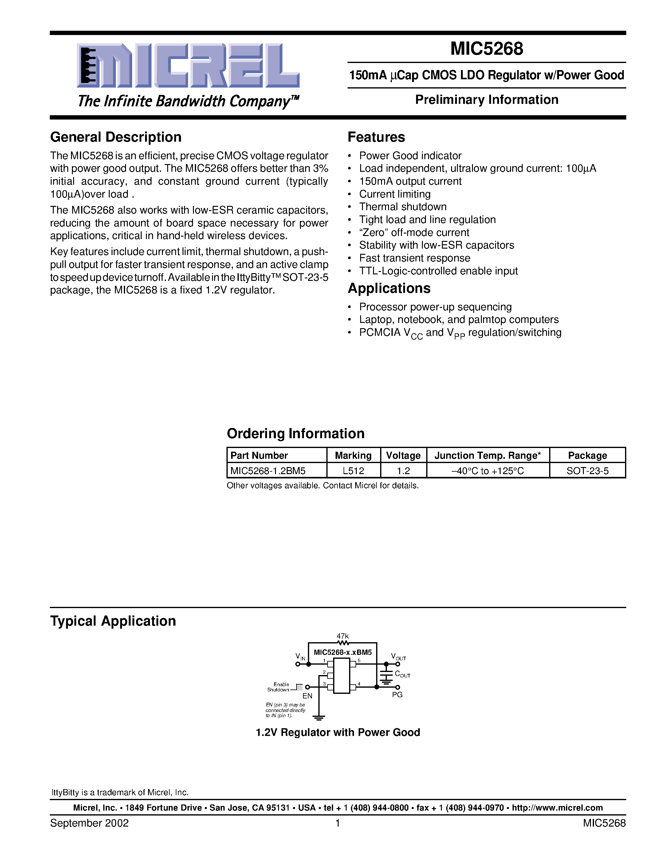 Datasheet MIC5268-1.2BM5 - 150mA UCap CMOS LDO Regulator w/Power Good page 1
