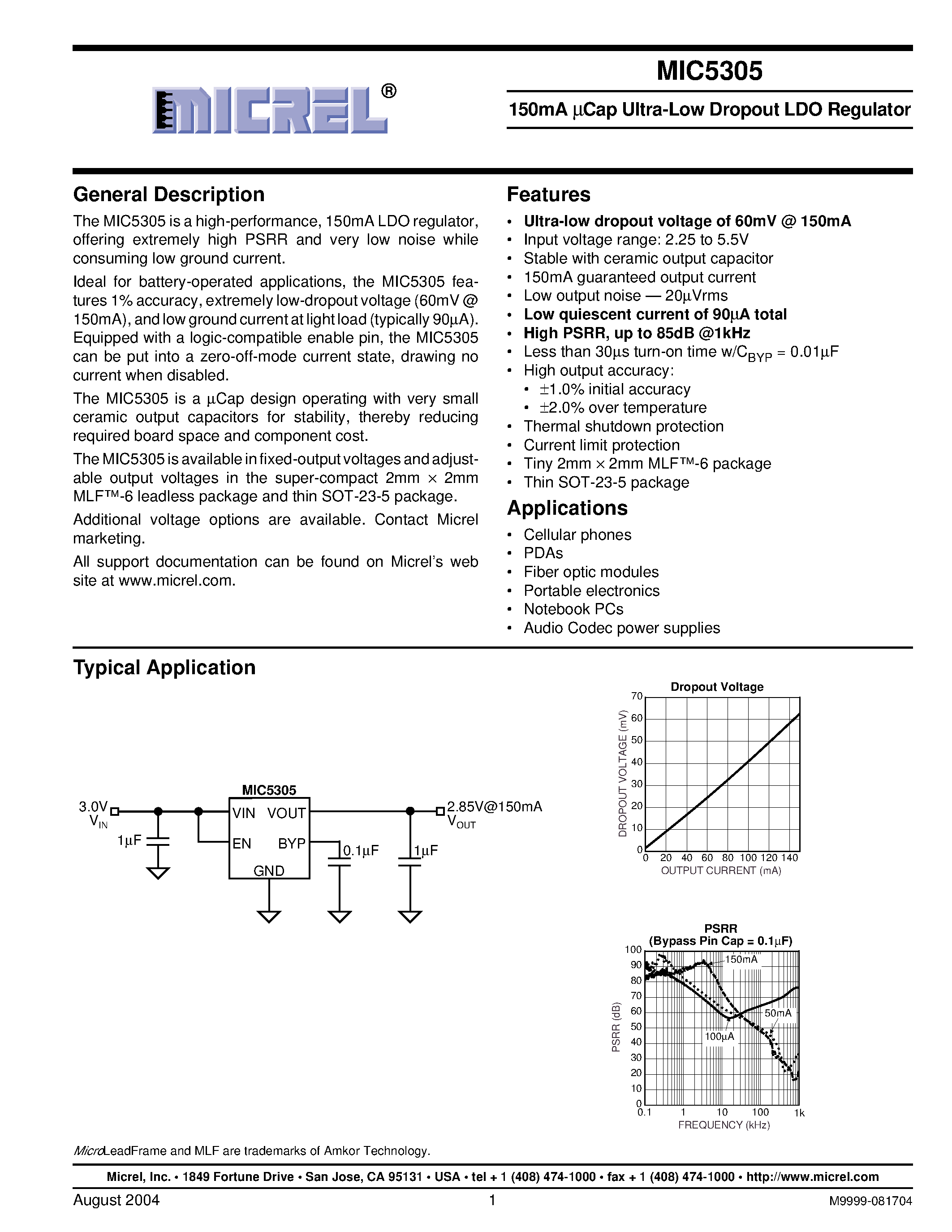 Datasheet MIC5305-2.85BML page 1 Datasheet MIC5305-2.85BML - 150mA UCap Ultra-Low Dropout LDO Regulator page 1