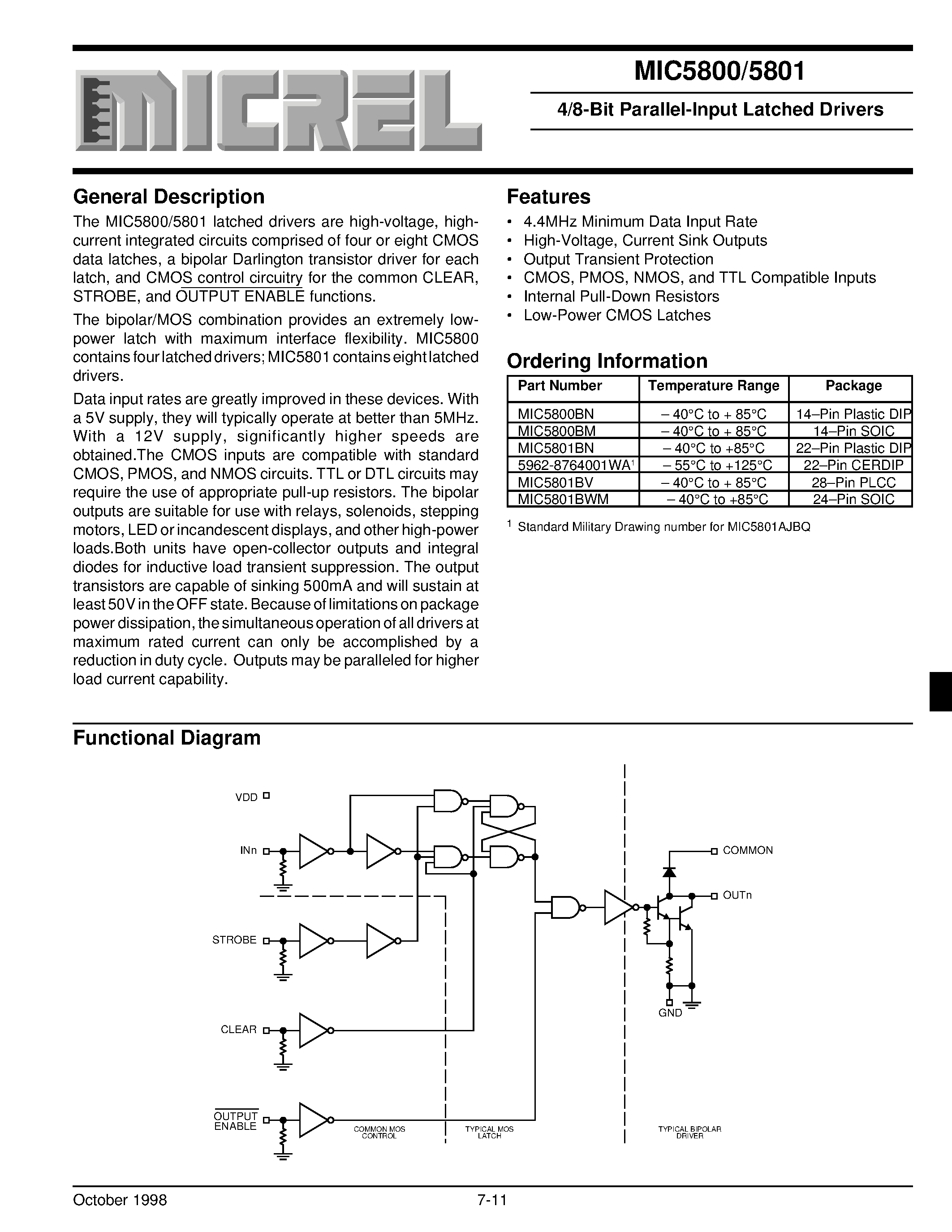 Datasheet MIC5800 - 4/8-Bit Parallel-Input Latched Drivers page 1