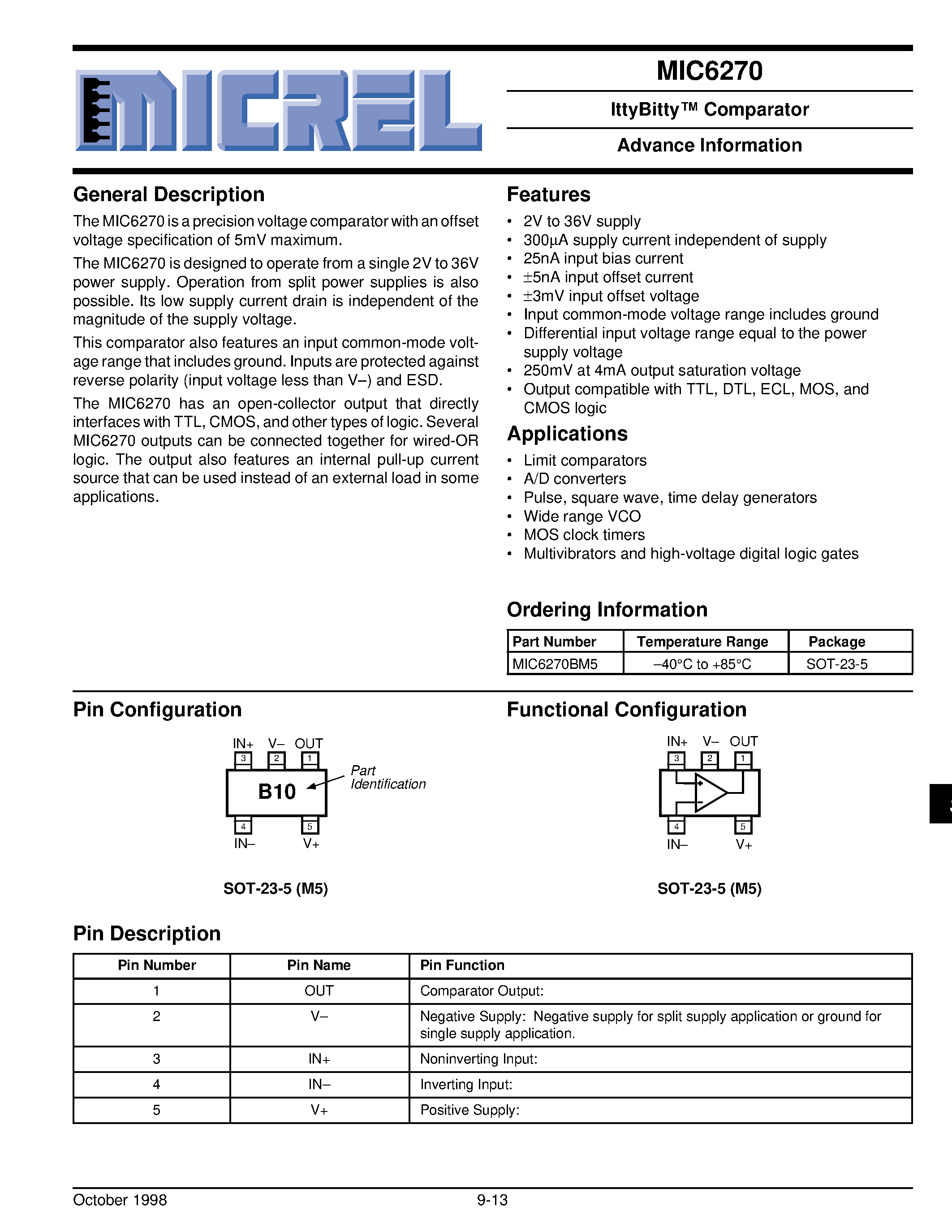 Datasheet MIC6270 - IttyBitty Comparator Advance Information page 1