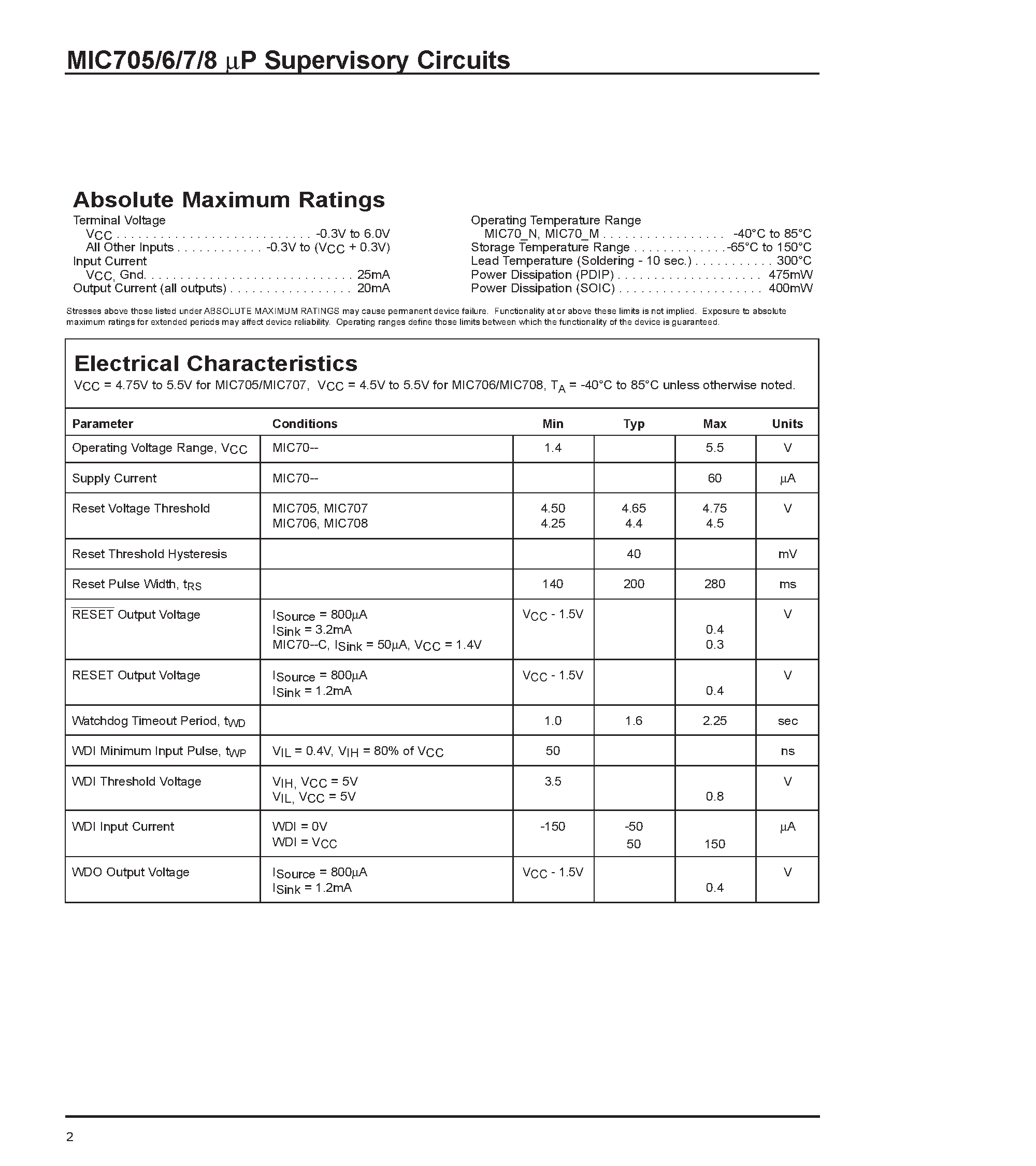 Datasheet MIC70 - P Supervisory Circuits page 2