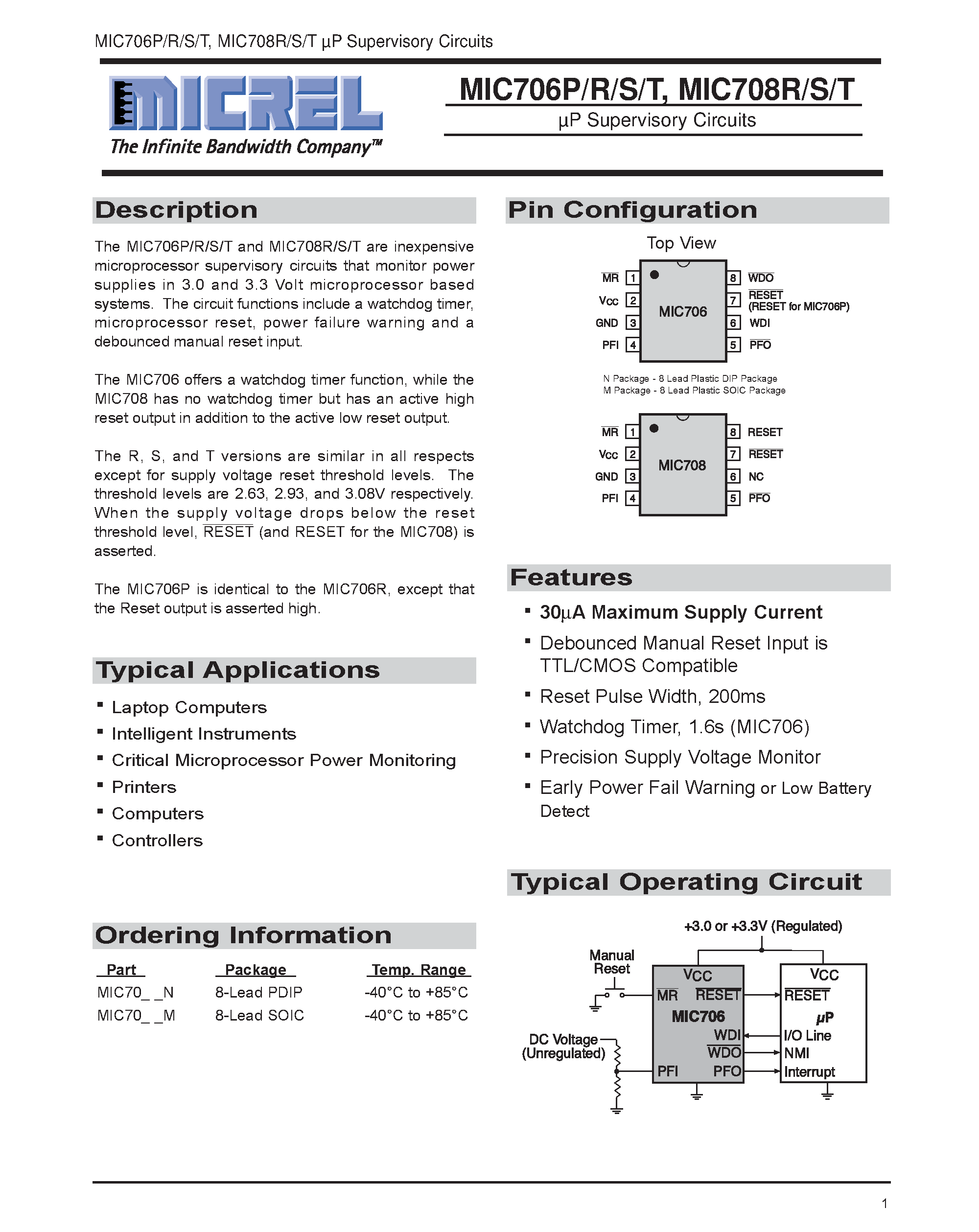 Даташит MIC706P - P Supervisory Circuits страница 1