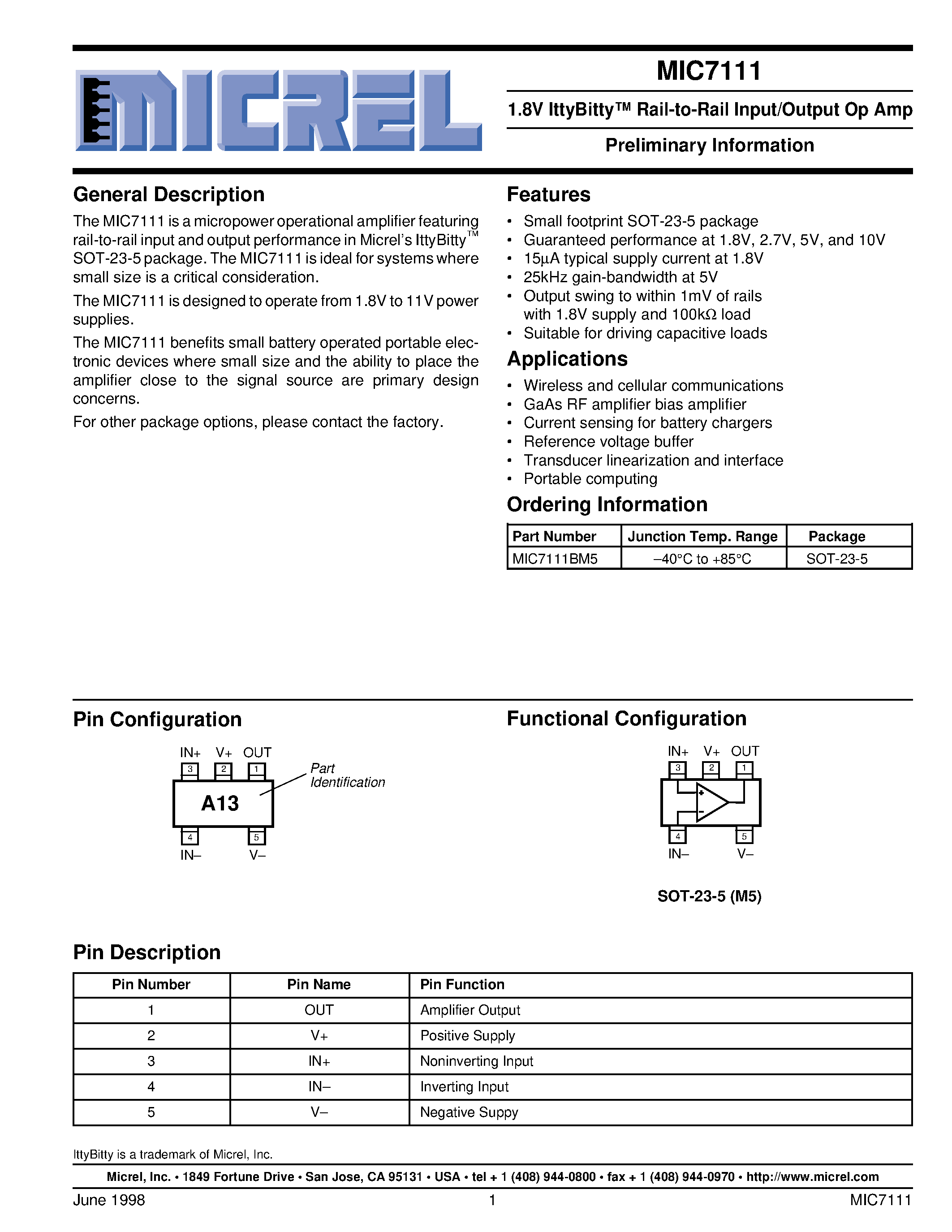 Datasheet MIC7111 - 1.8V IttyBitty Rail-to-Rail Input/Output Op Amp Preliminary Information page 1