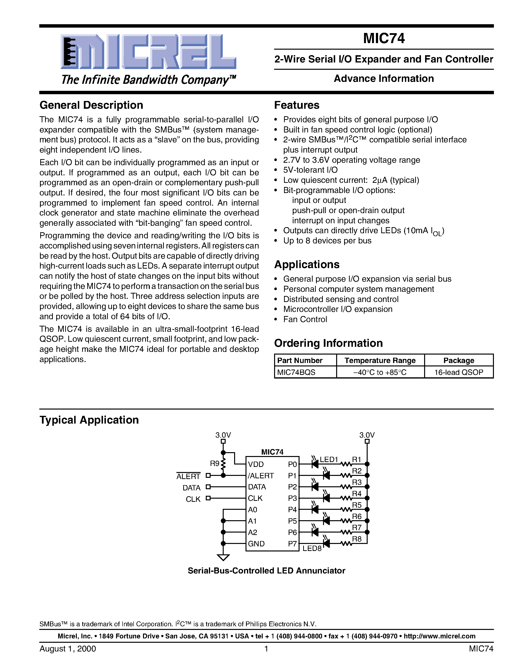 Datasheet MIC74BQS - 2-Wire Serial I/O Expander and Fan Controller Advance Information page 1