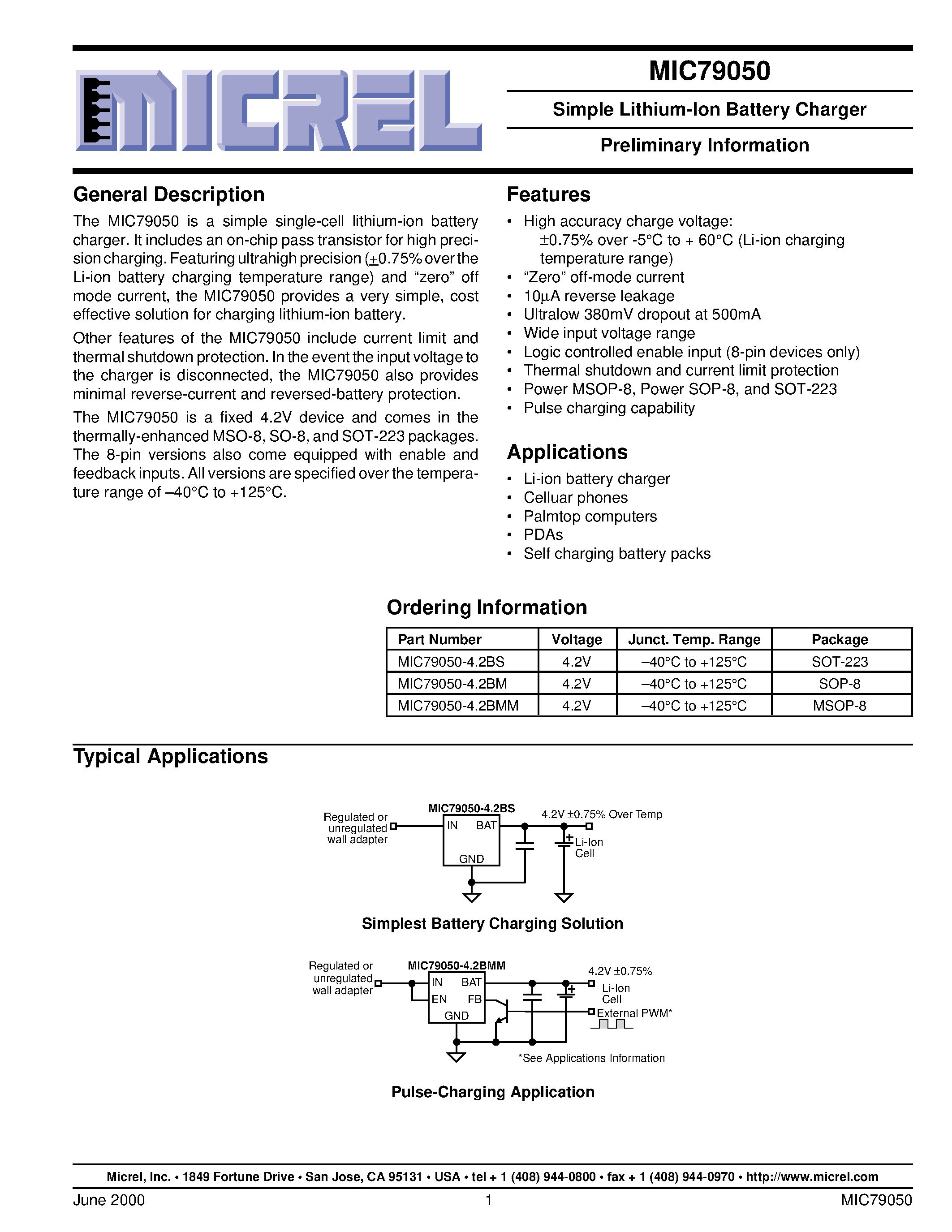 Datasheet MIC79050 - Simple Lithium-Ion Battery Charger Preliminary Information page 1