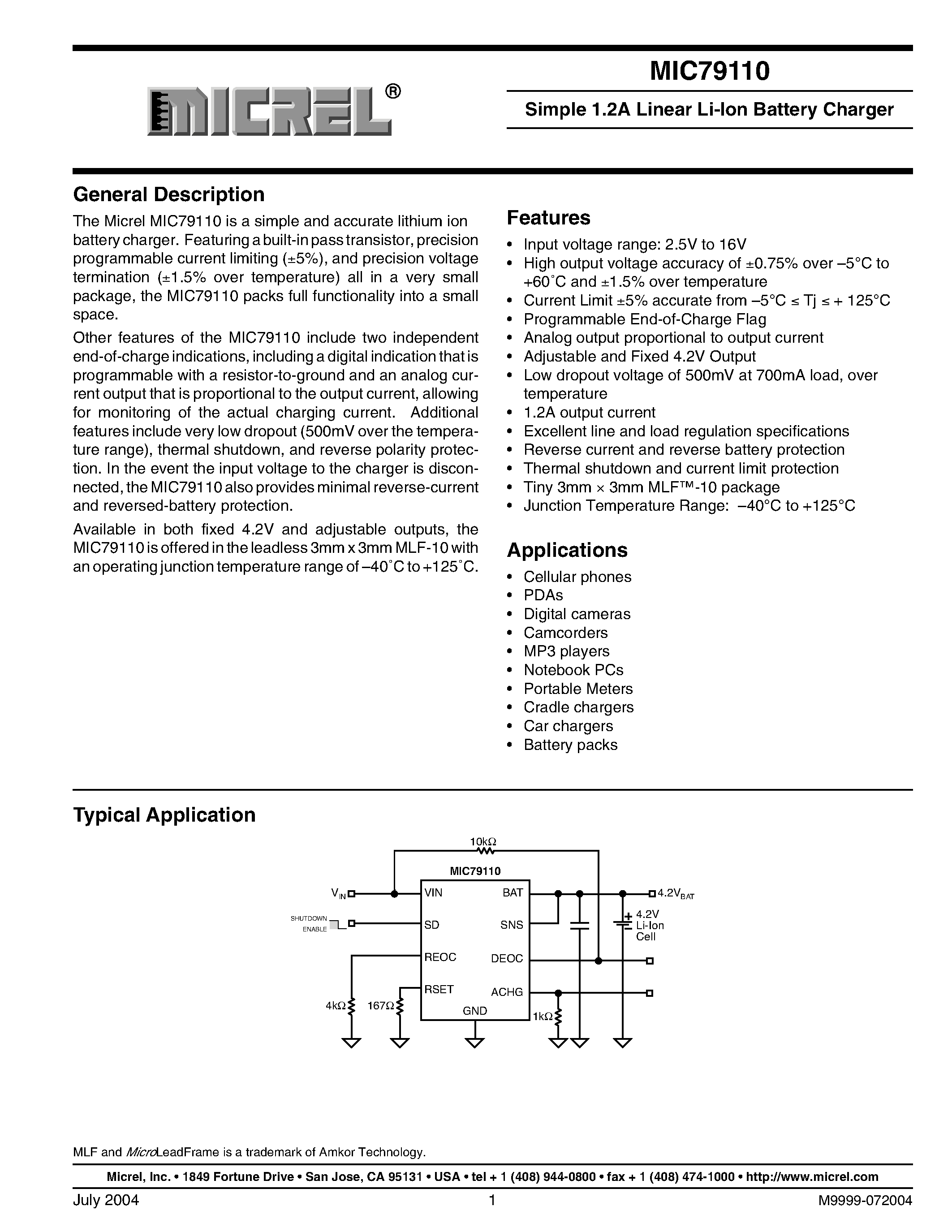 Datasheet MIC79110BML - Simple 1.2A Linear Li-Ion Battery Charger page 1
