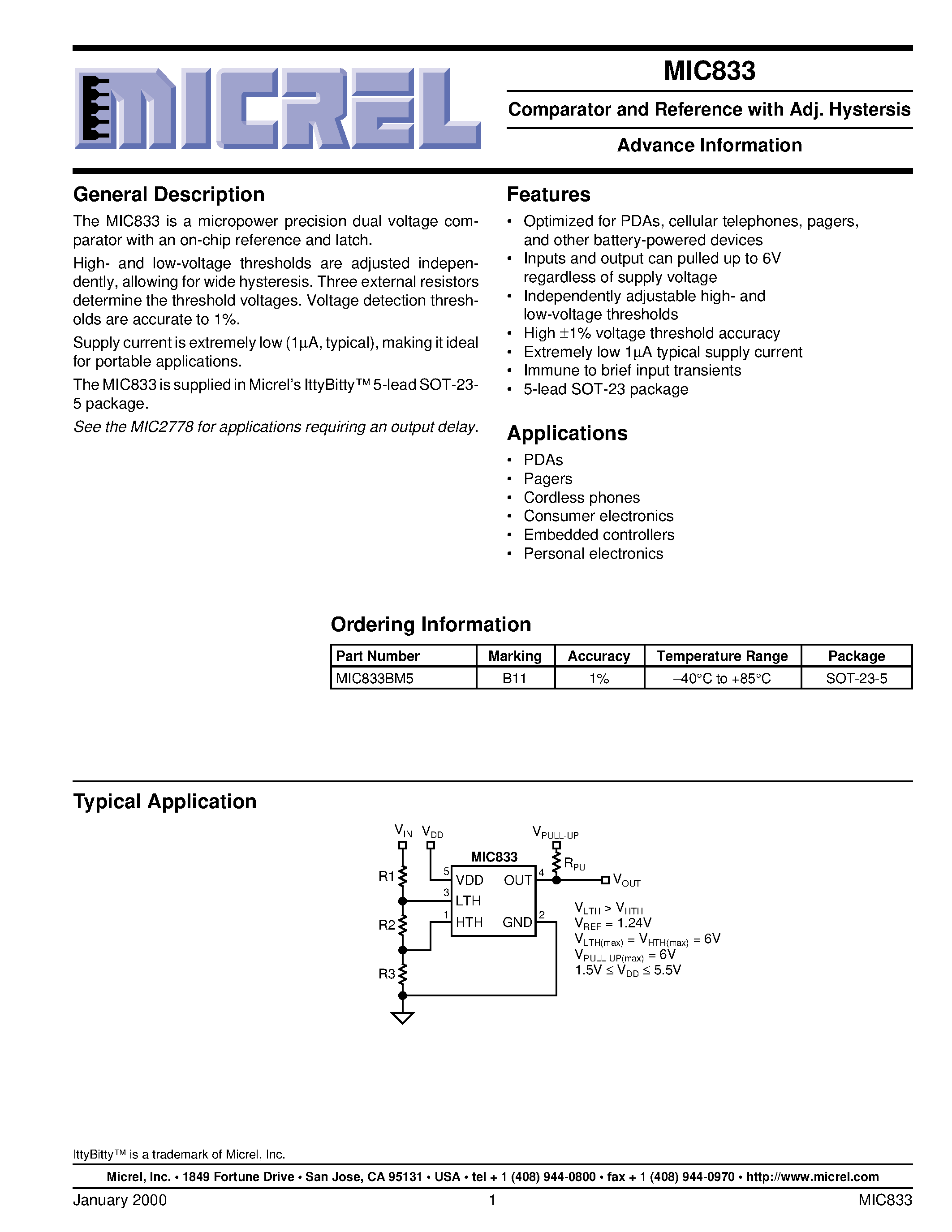Datasheet MIC833 - Comparator and Reference with Adj. Hystersis Advance Information page 1
