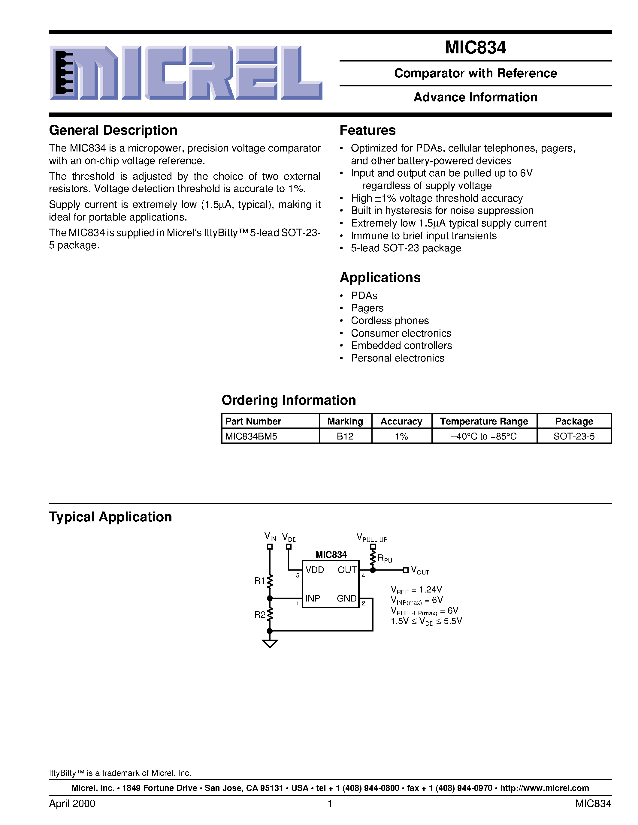 Datasheet MIC834 - Comparator with Reference Advance Information page 1