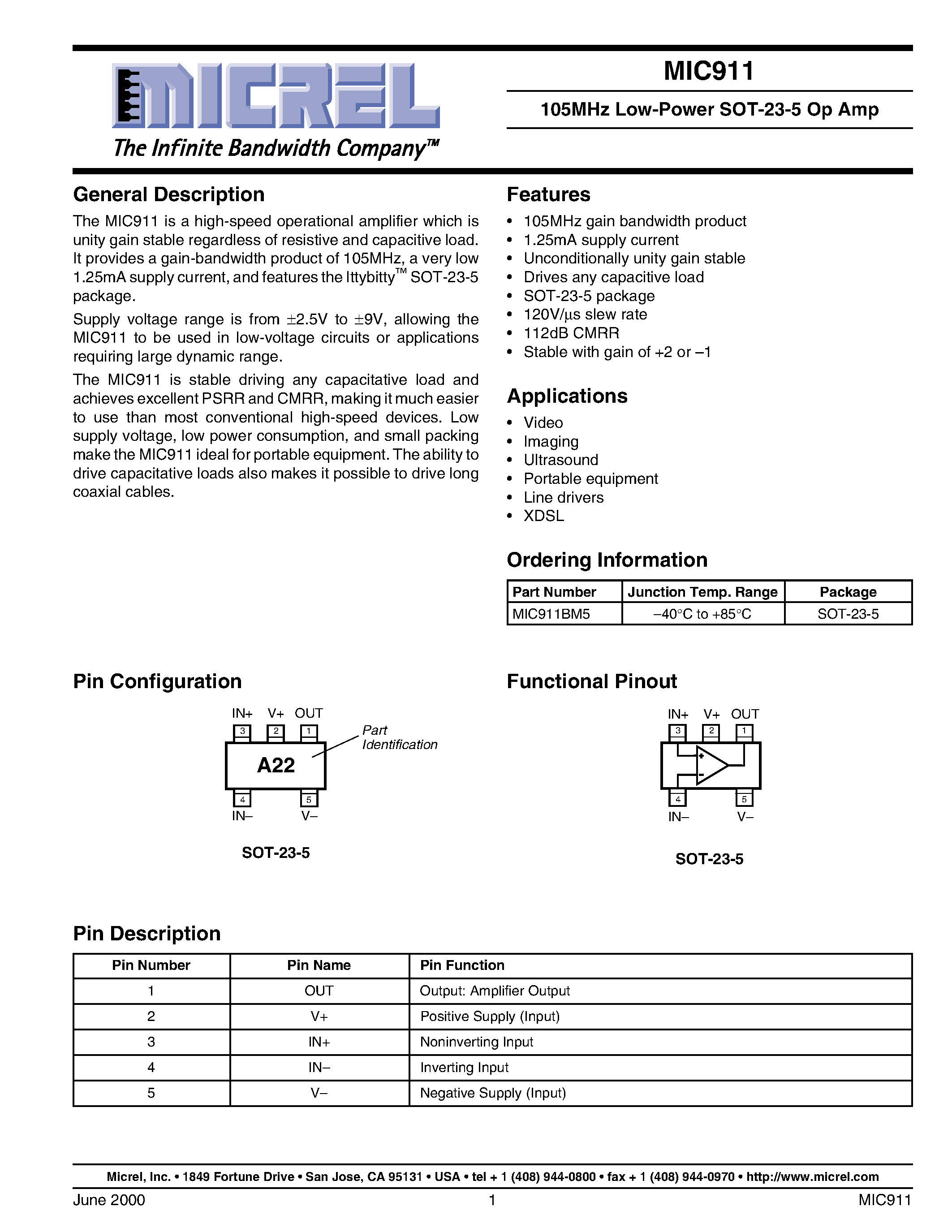 Datasheet MIC911BM5 - 105MHz Low-Power SOT-23-5 Op Amp page 1