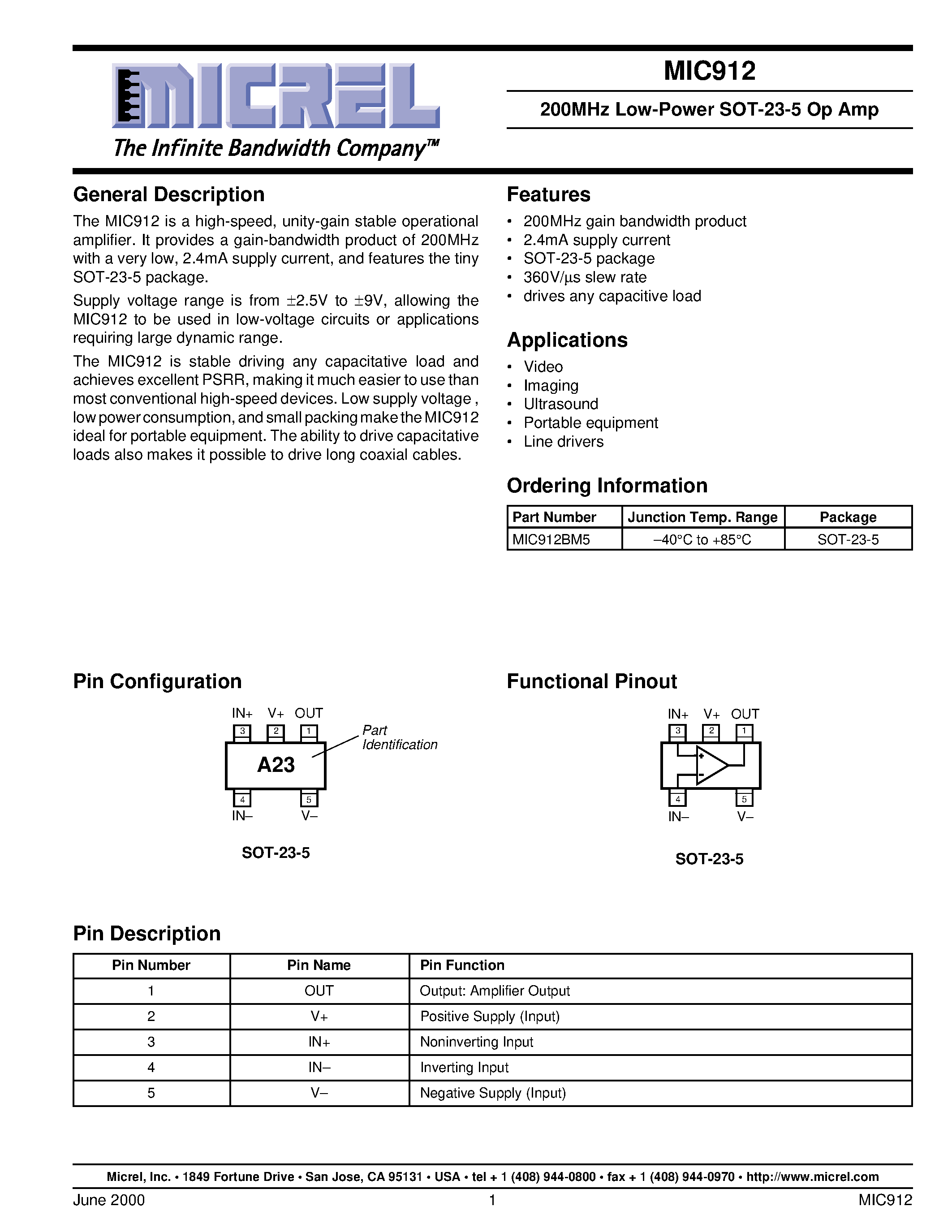 Datasheet MIC912BM5 - 200MHz Low-Power SOT-23-5 Op Amp page 1