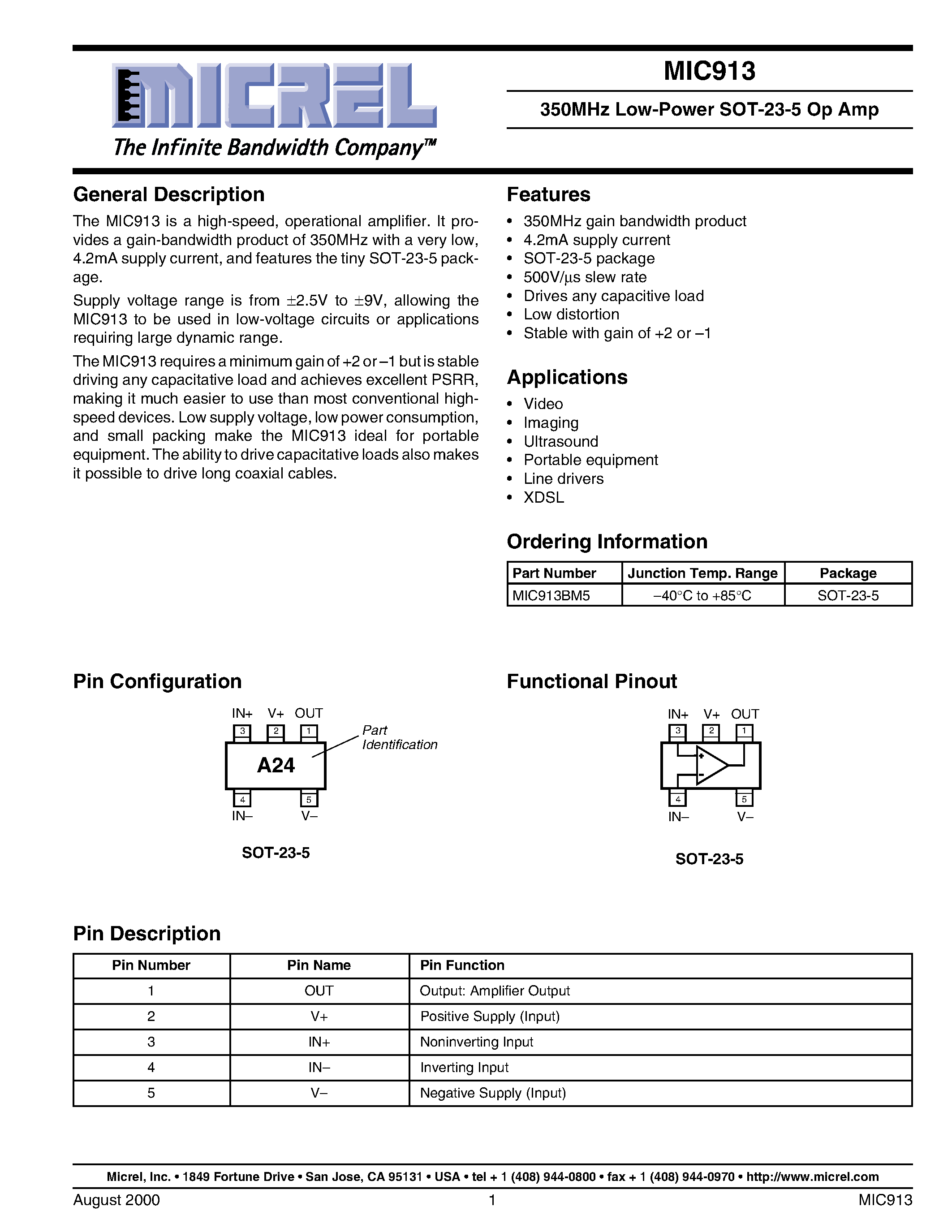 Datasheet MIC913BM5 - 350MHz Low-Power SOT-23-5 Op Amp page 1