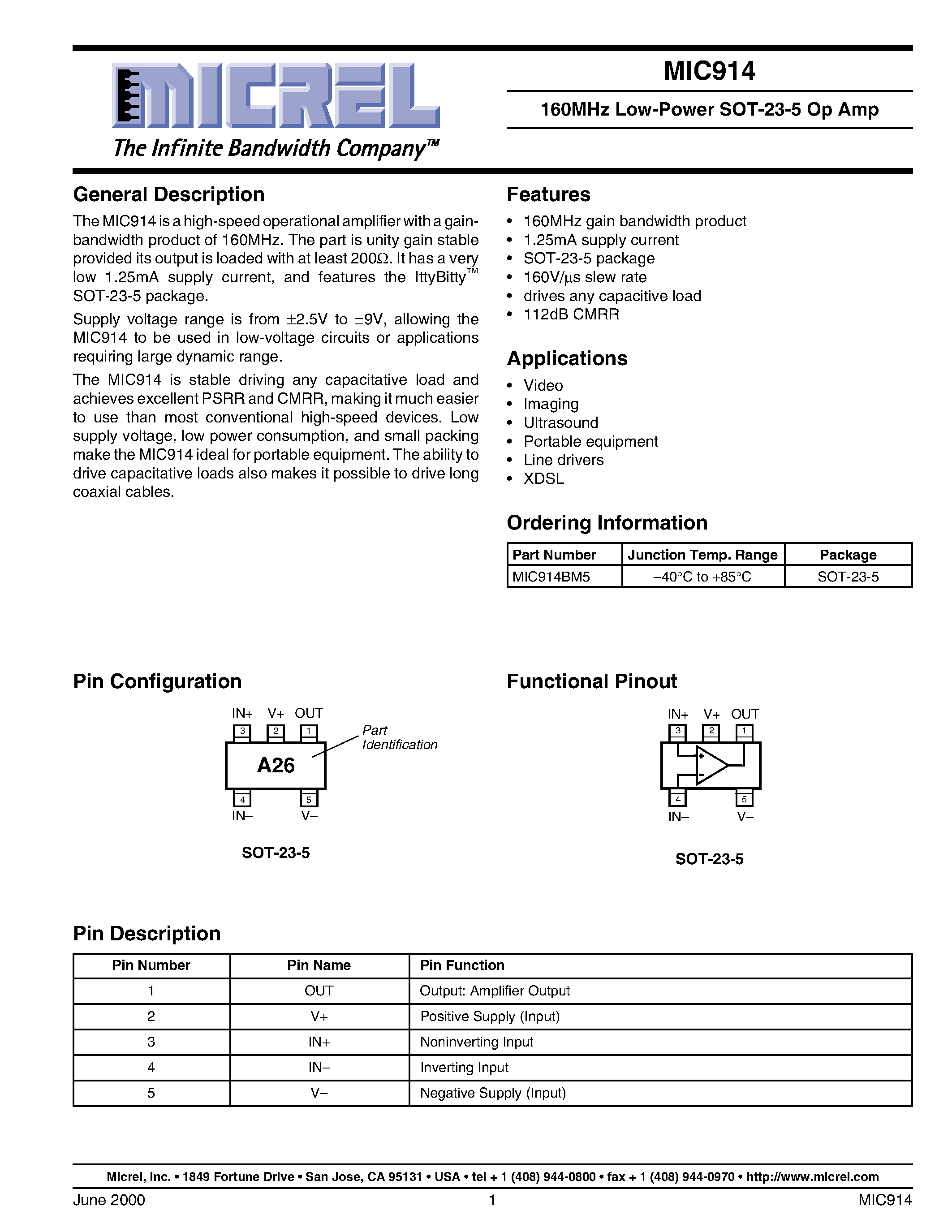 Datasheet MIC914BM5 - 160MHz Low-Power SOT-23-5 Op Amp page 1