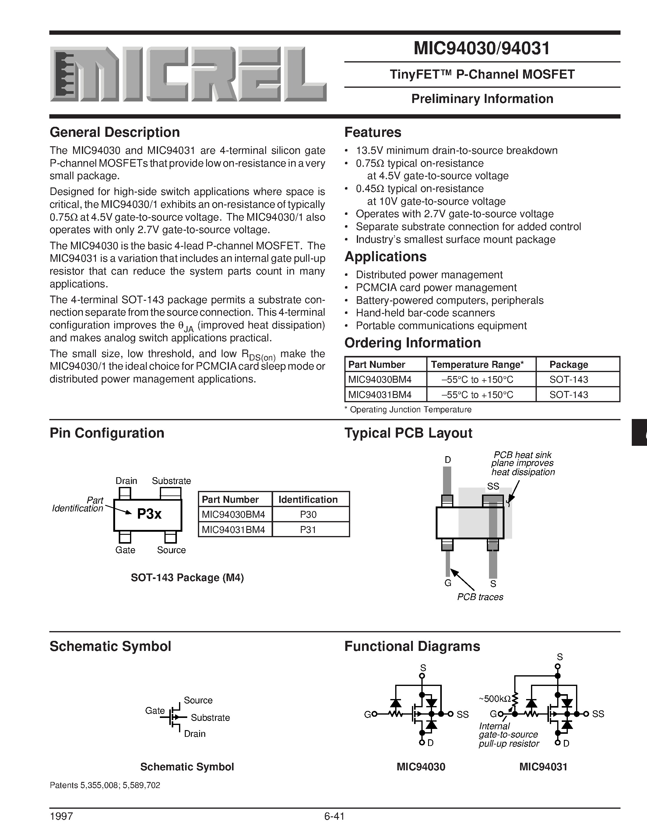 Даташит MIC94031BM4 - TinyFET P-Channel MOSFET Preliminary Information страница 1