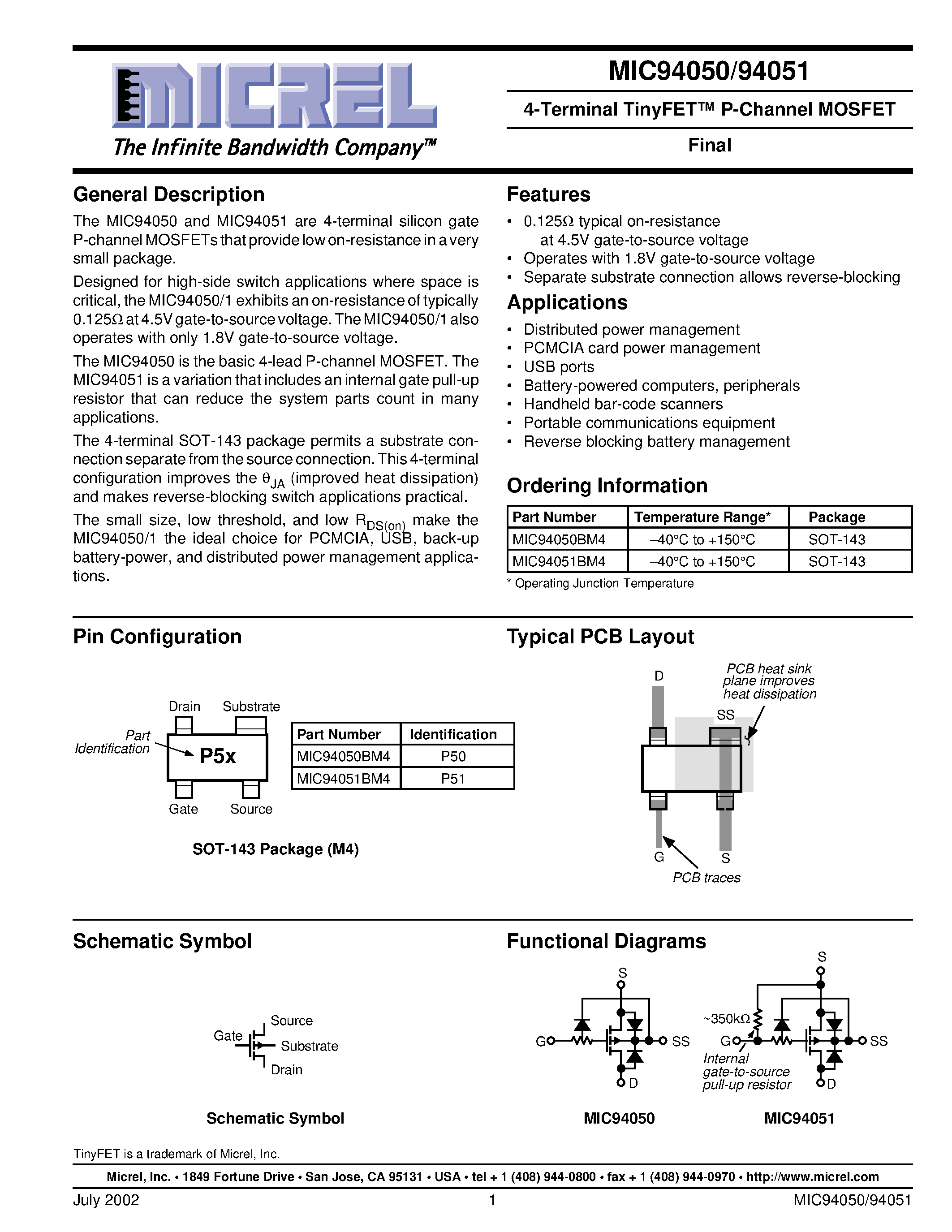 Datasheet MIC94050 - 4-Terminal TinyFET P-Channel MOSFET page 1